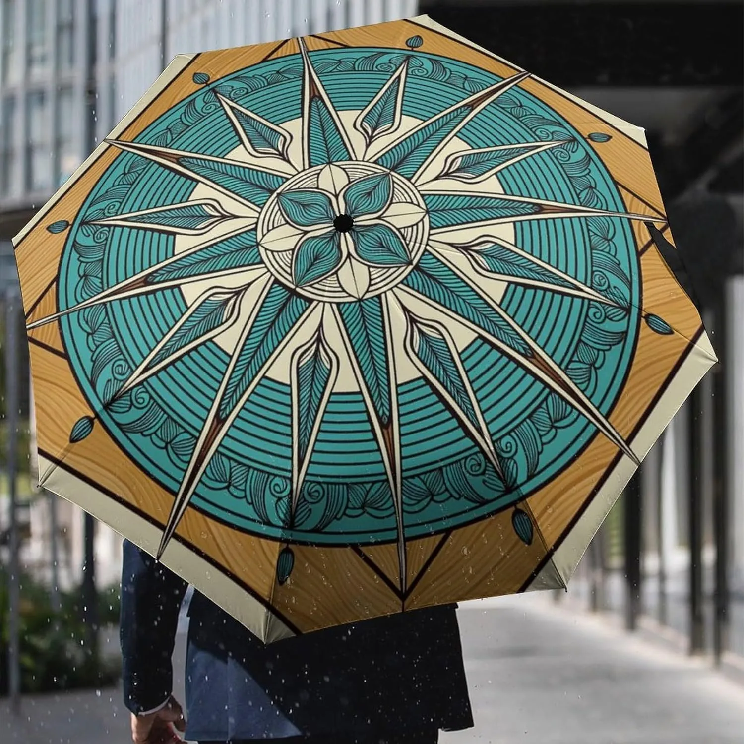 Sunproof Waterproof Travel Auto Folding Umbrella for Women Men Kids, Golf Umbrellas Ergonomic Handle, Auto Open and Close Button, Vintage Compass Art Umbrellas