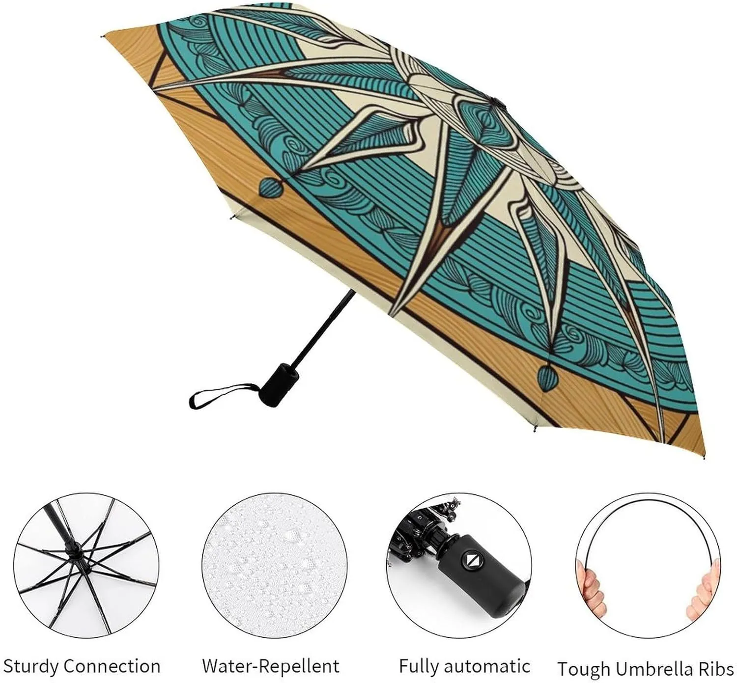 Sunproof Waterproof Travel Auto Folding Umbrella for Women Men Kids, Golf Umbrellas Ergonomic Handle, Auto Open and Close Button, Vintage Compass Art Umbrellas