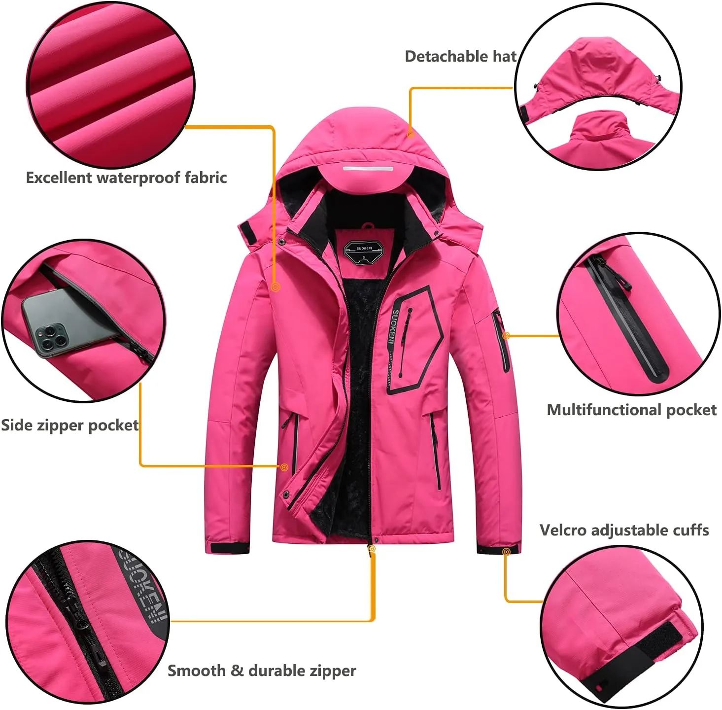 SUOKENI Women's Waterproof Warm Winter Snow Coat Hooded Raincoat Ski Snowboarding Jacket