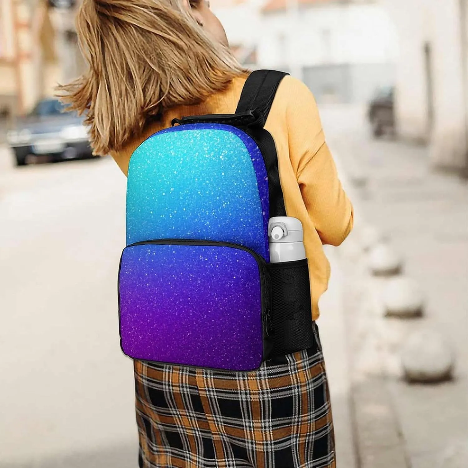 Supdreamc Beautiful Blue Purple Bling Glitter Sparkles Pattern Daypack Backpack Polyester Multipurpose Anti-Theft Shoulder Bag Big Capacity Gym Outdoor Hiking Backpack With Smooth Zippers