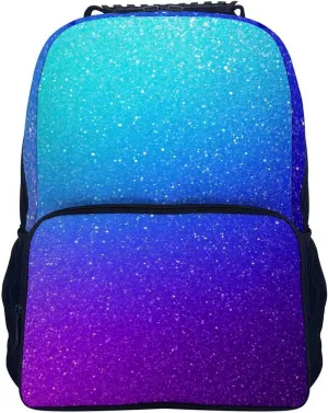 Supdreamc Beautiful Blue Purple Bling Glitter Sparkles Pattern Daypack Backpack Polyester Multipurpose Anti-Theft Shoulder Bag Big Capacity Gym Outdoor Hiking Backpack With Smooth Zippers