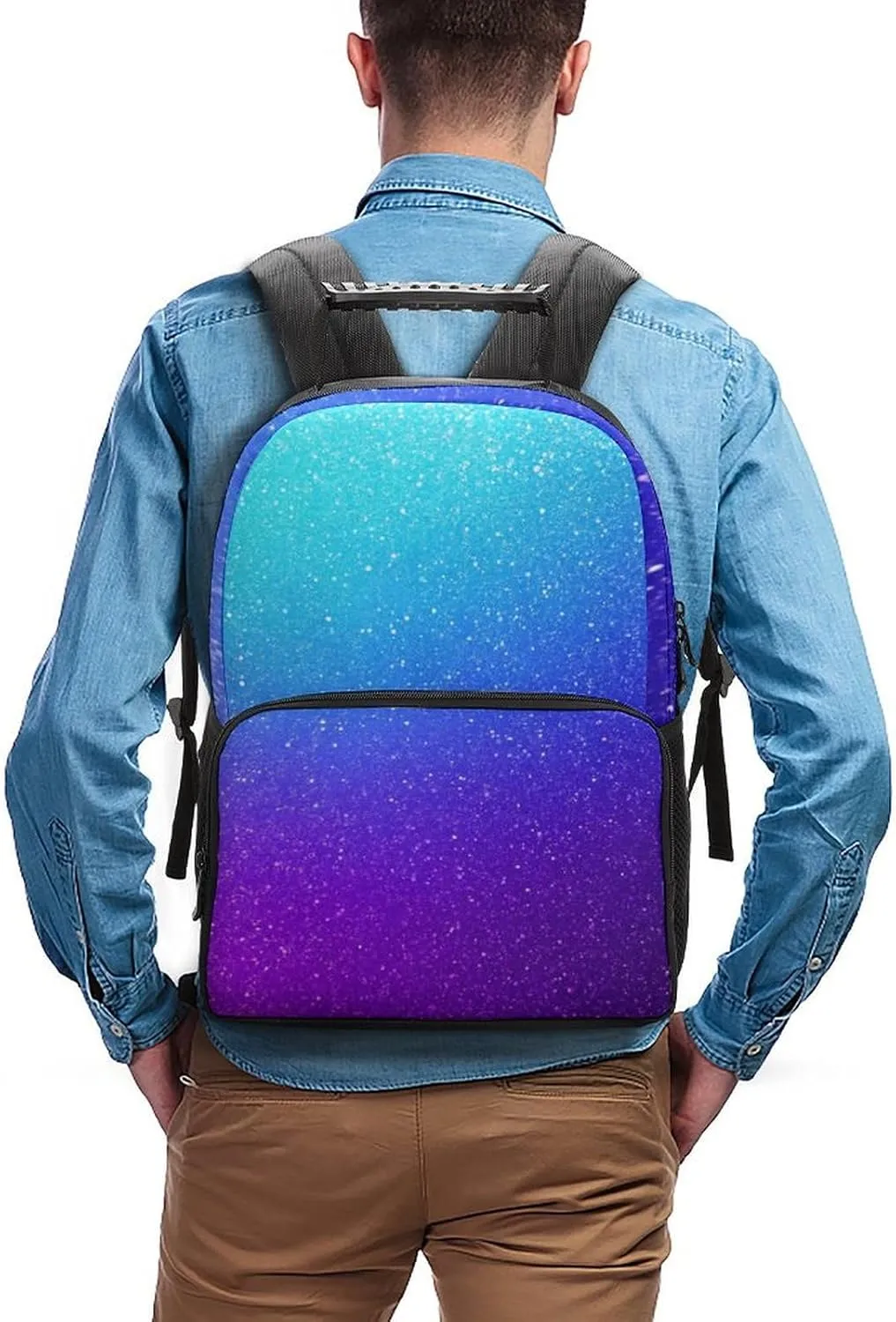 Supdreamc Beautiful Blue Purple Bling Glitter Sparkles Pattern Daypack Backpack Polyester Multipurpose Anti-Theft Shoulder Bag Big Capacity Gym Outdoor Hiking Backpack With Smooth Zippers