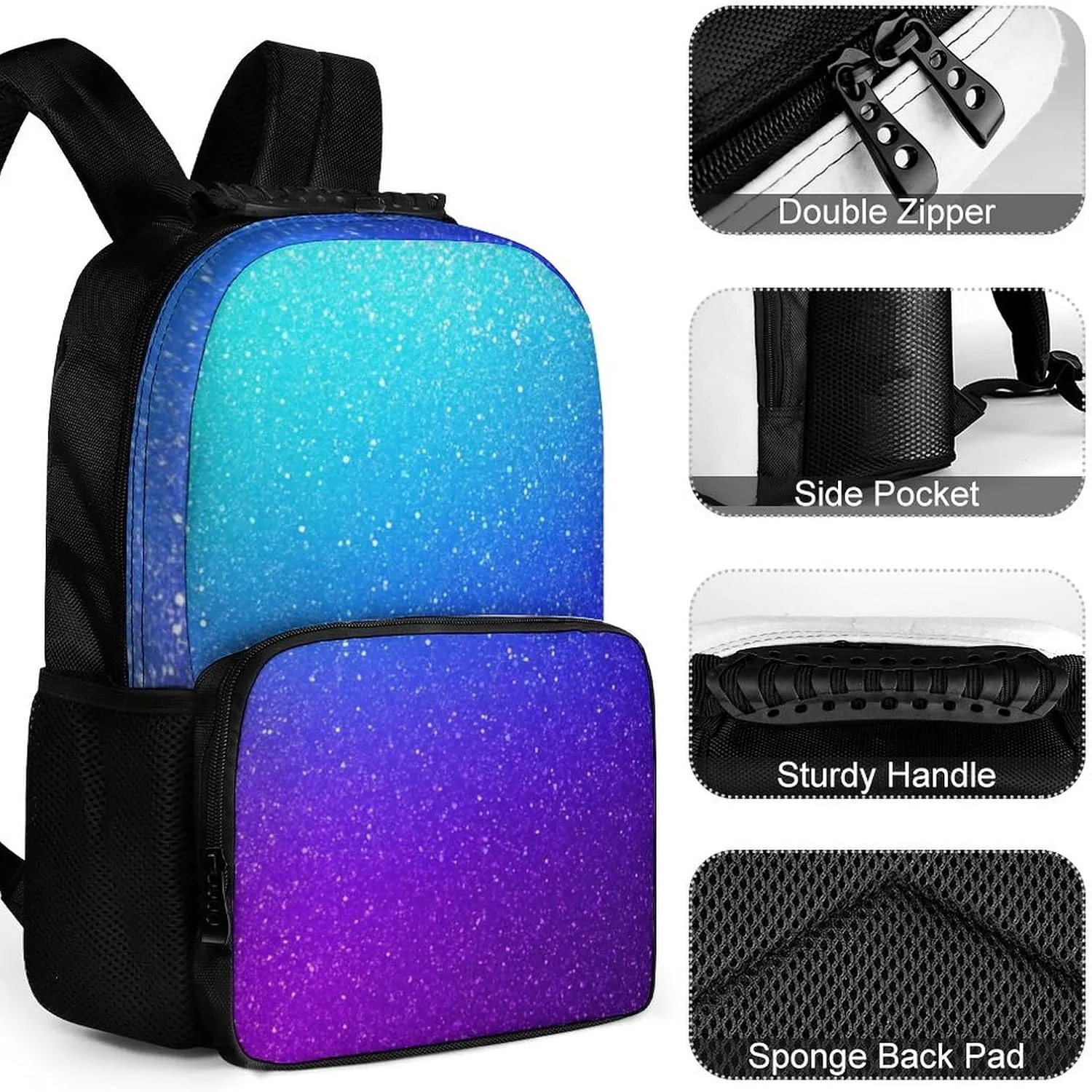 Supdreamc Beautiful Blue Purple Bling Glitter Sparkles Pattern Daypack Backpack Polyester Multipurpose Anti-Theft Shoulder Bag Big Capacity Gym Outdoor Hiking Backpack With Smooth Zippers