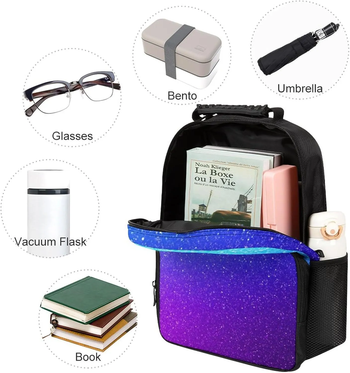 Supdreamc Beautiful Blue Purple Bling Glitter Sparkles Pattern Daypack Backpack Polyester Multipurpose Anti-Theft Shoulder Bag Big Capacity Gym Outdoor Hiking Backpack With Smooth Zippers