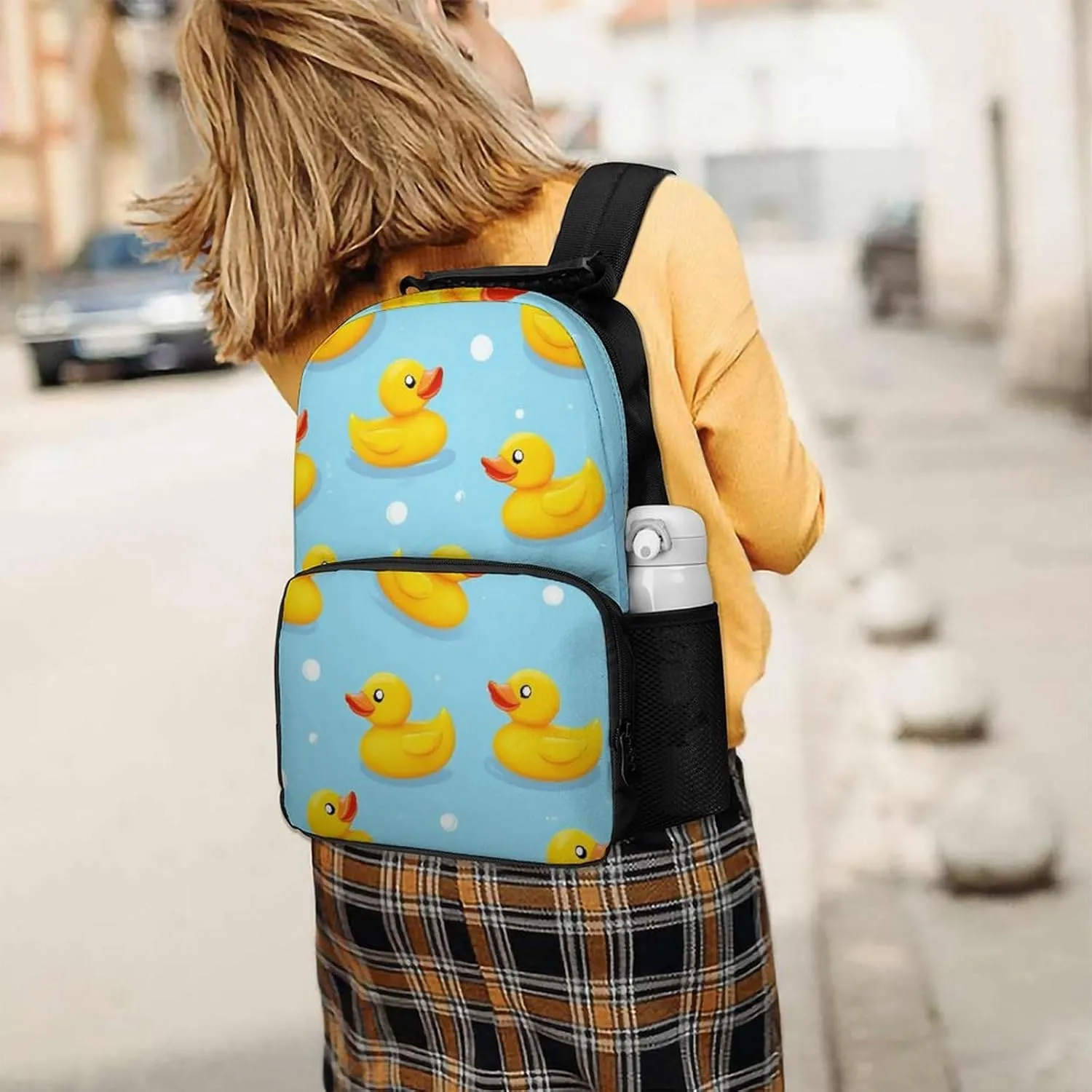 Supdreamc Cute Funny Blue Bubbles Yellow Rubber Ducks Backpack Polyester Anti-Theft Multipurpose Bookbag Large Capacity Laptop Book Bag Rucksack With Side Pockets