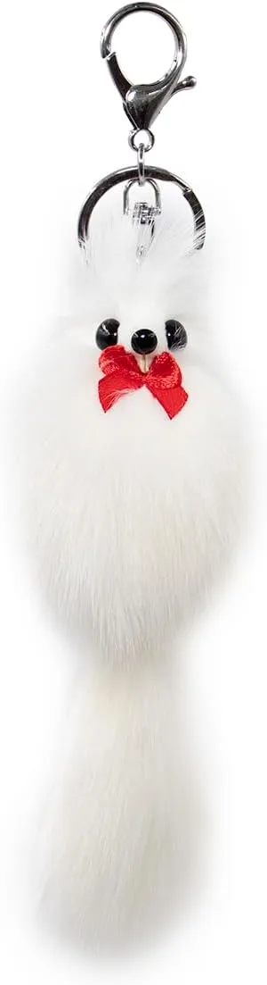 surell Genuine Fox Fur Pom Fox Keychain - Bag Purse Cute Animal Charm - Pocketbook Accessory - Fluffy Fashion Key Chain - For Wallet Purse Bag Keys-White