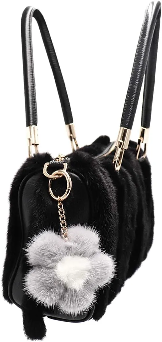 surell - Genuine Mink Fur Pom Flower Keychain - Bag Beach Daisy Purse Charm - Floral Pocketbook Accessory