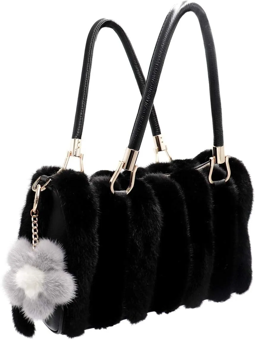 surell - Genuine Mink Fur Pom Flower Keychain - Bag Beach Daisy Purse Charm - Floral Pocketbook Accessory