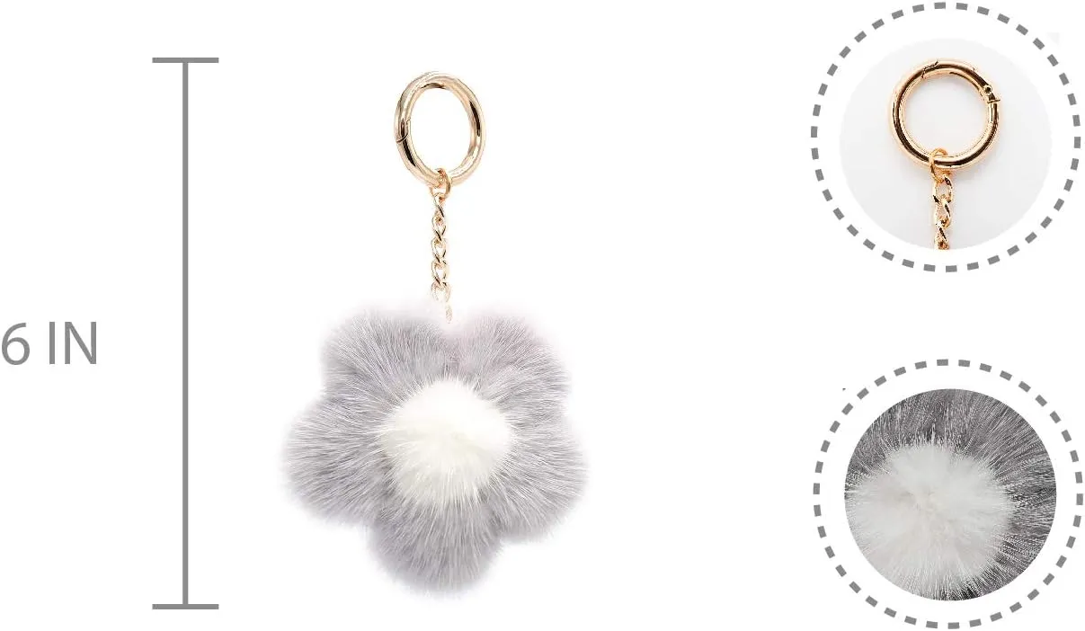 surell - Genuine Mink Fur Pom Flower Keychain - Bag Beach Daisy Purse Charm - Floral Pocketbook Accessory