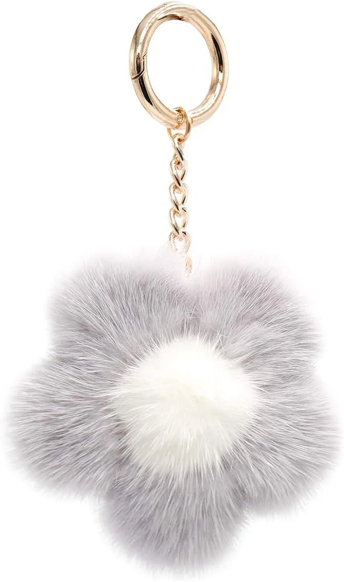 surell - Genuine Mink Fur Pom Flower Keychain - Bag Beach Daisy Purse Charm - Floral Pocketbook Accessory