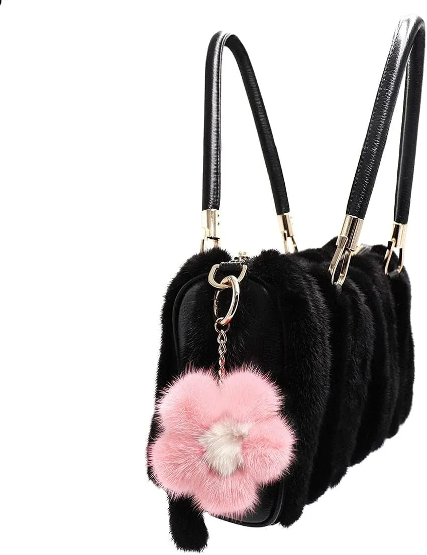 surell - Genuine Mink Fur Pom Flower Keychain - Bag Beach Daisy Purse Charm - Floral Pocketbook Accessory