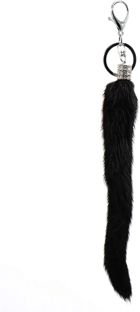 surell Genuine Mink Fur Pom Tail Bling Keychain - Luxury Bag Charm - Stylish Pocketbook Accessory