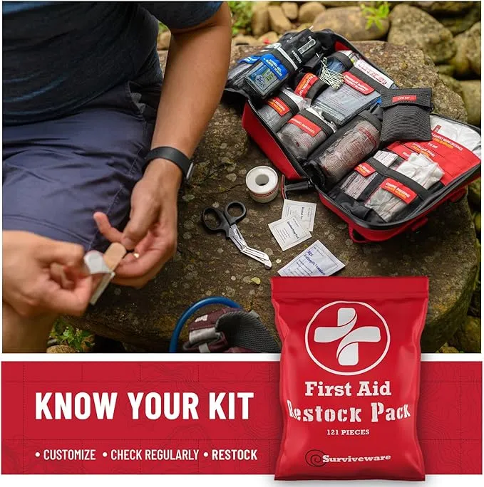 Surviveware Waterproof First Aid Kit - Survival Emergency Preparedness for Travel Camping Gear, Survival Kits, Home Essentials and Outdoor Emergencies - Refill Pack
