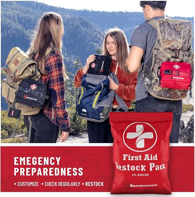 Surviveware Waterproof First Aid Kit - Survival Emergency Preparedness for Travel Camping Gear, Survival Kits, Home Essentials and Outdoor Emergencies - Refill Pack