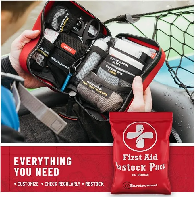 Surviveware Waterproof First Aid Kit - Survival Emergency Preparedness for Travel Camping Gear, Survival Kits, Home Essentials and Outdoor Emergencies - Refill Pack