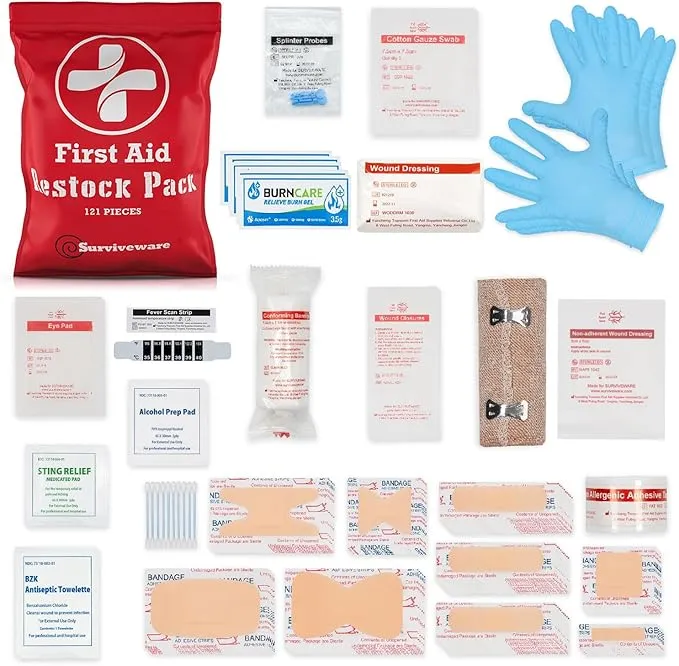 Surviveware Waterproof First Aid Kit - Survival Emergency Preparedness for Travel Camping Gear, Survival Kits, Home Essentials and Outdoor Emergencies - Refill Pack