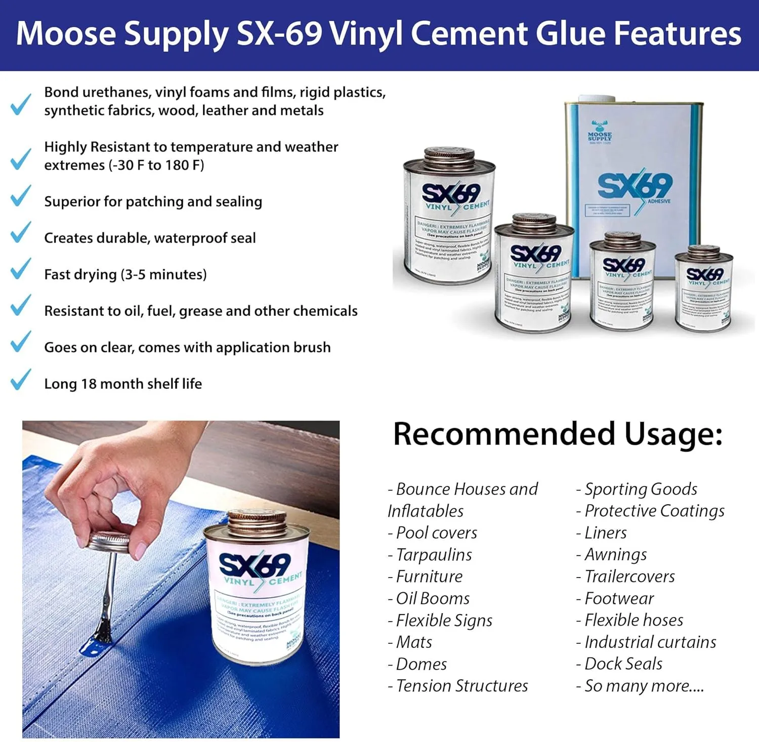 SX 69 Vinyl Repair Kit | Inflatable Bounce House Repair Kit | Includes 8 Ounce Adhesive and Vinyl Roll | for Flexible, Waterproof Repairs of Tears, Punctures, and Holes