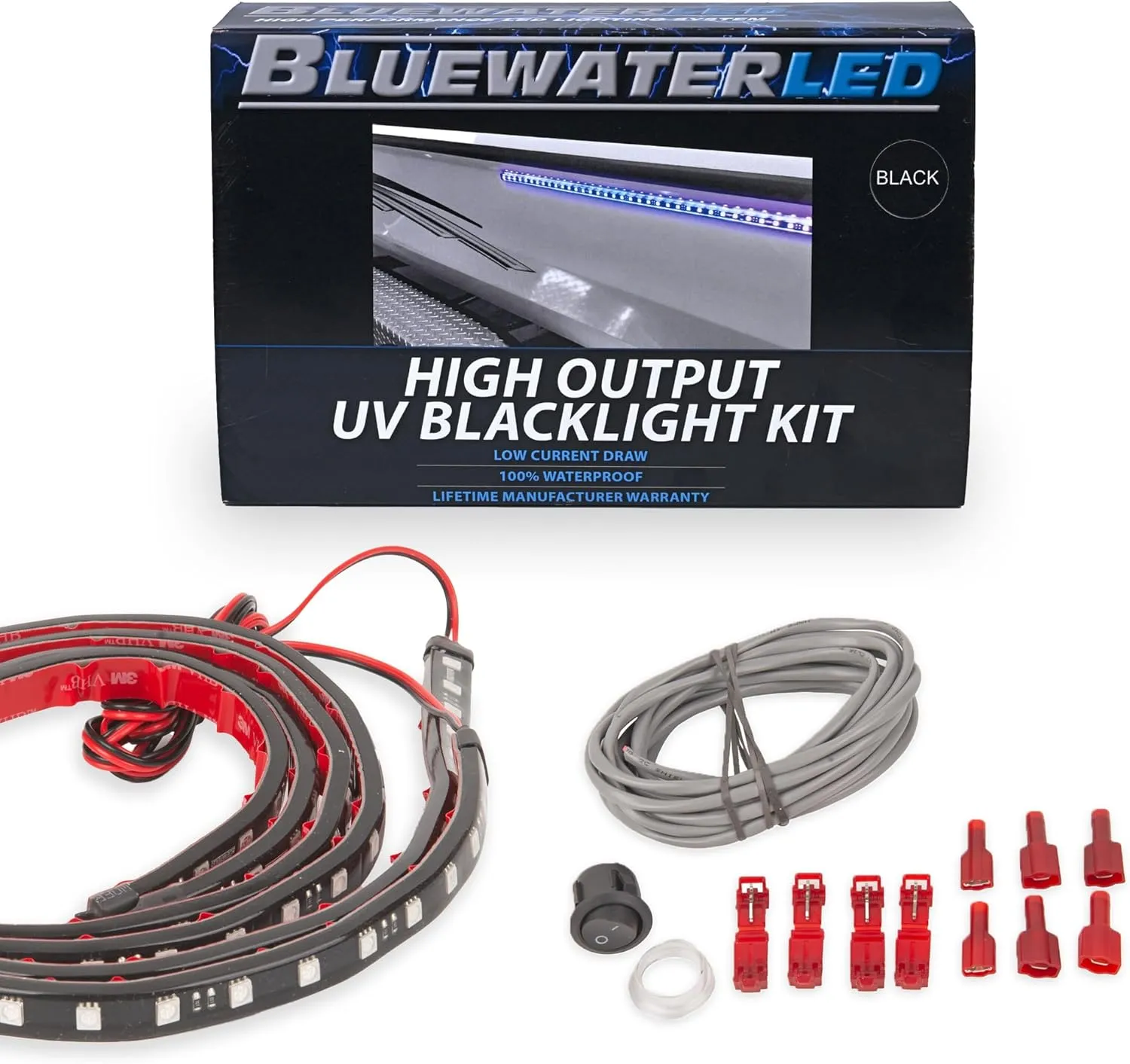 T-H MARINE BLUEWATERLED High Output UV Blacklight Kit – 2X 40 Ultraviolet LED Strips with 3M™ Adhesive – Night Fishing Glow Lights for Boats – Waterproof, Wide Beam, 10' Wire