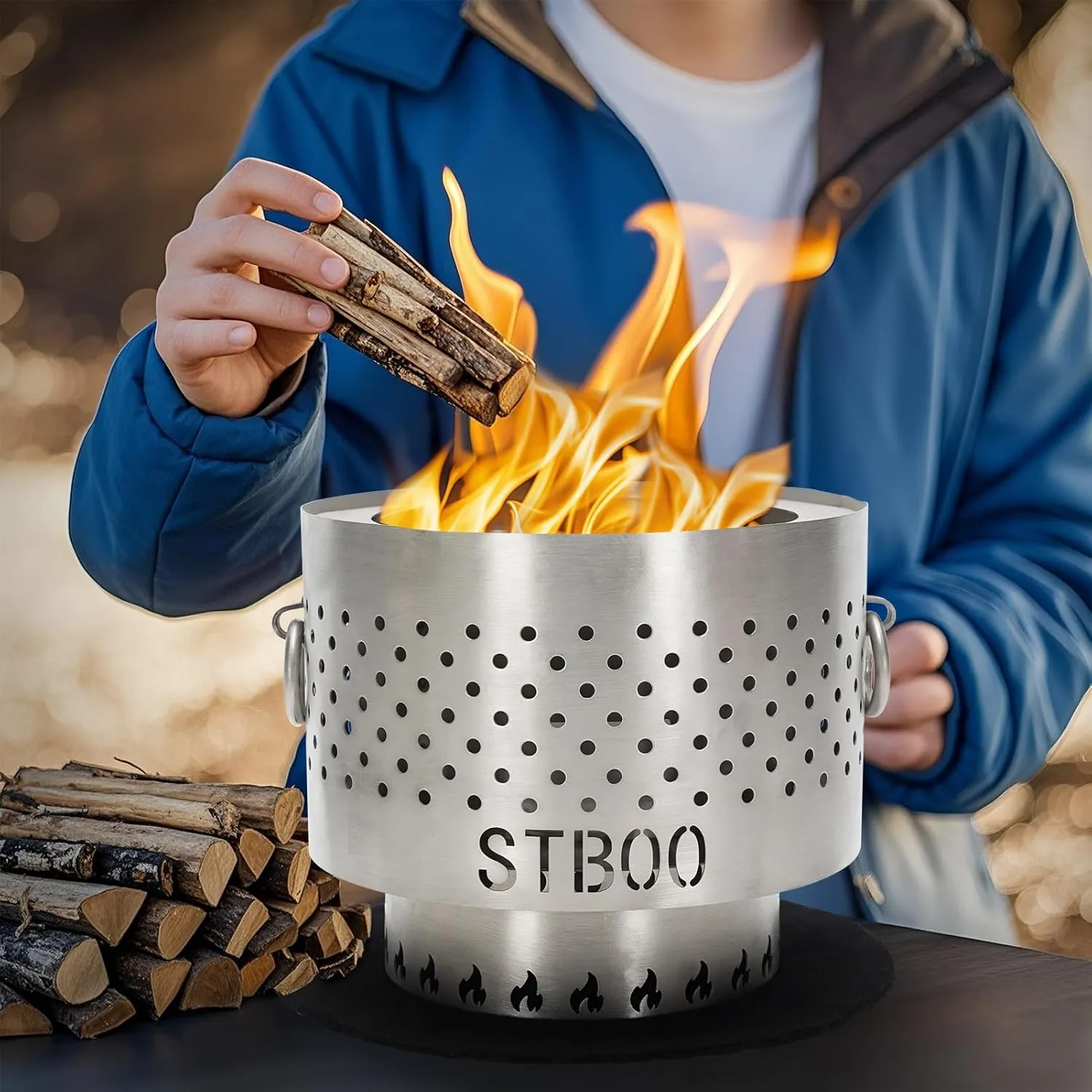 Tabletop Fire Pit with Ash Tray - Low Smoke Pellet Portable Table Top Firepit | Indoor&Outdoor Mini Personal Fireplace with Travel Bag | Small Smores Firepit for Patio, Camping,Porch,7.8inch Stainless