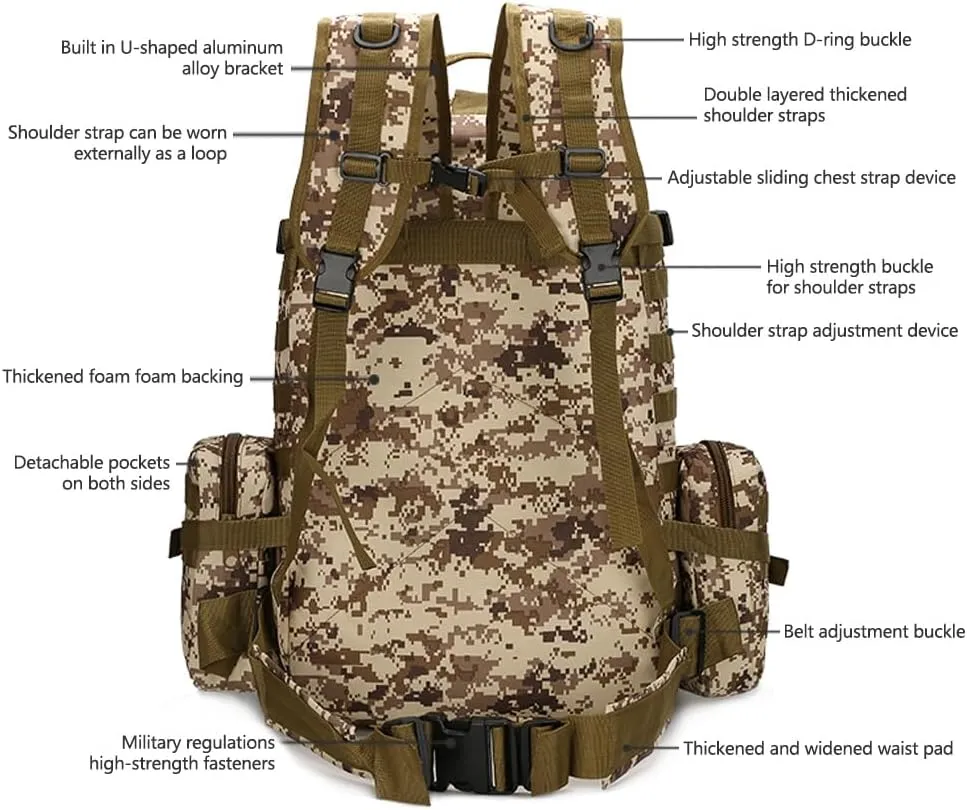 Tactical Backpack Military Army Rucksack 60L Large Assault Pack Detachable Molle Bag (ACU)