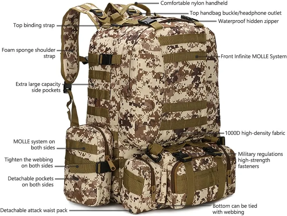 Tactical Backpack Military Army Rucksack 60L Large Assault Pack Detachable Molle Bag (ACU)
