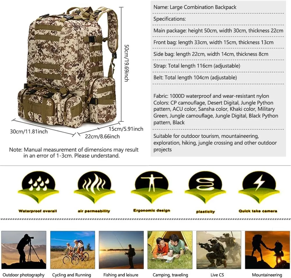 Tactical Backpack Military Army Rucksack 60L Large Assault Pack Detachable Molle Bag (ACU)
