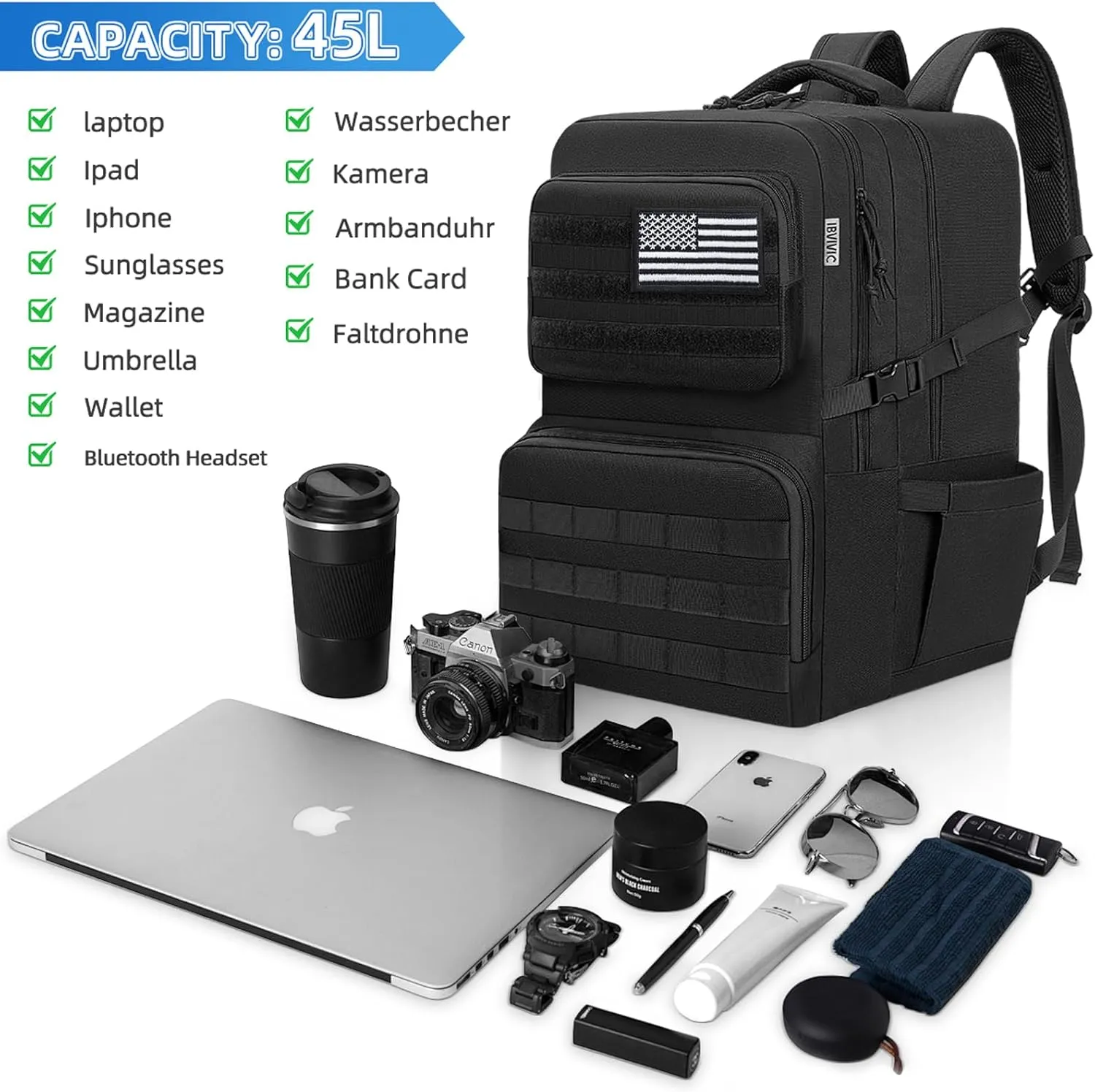Tactical Backpack Water-resistant Military MOLLE Assault Backpack Bag for Hunting Camping Travel,13" Lx 12" W x 20" H Black