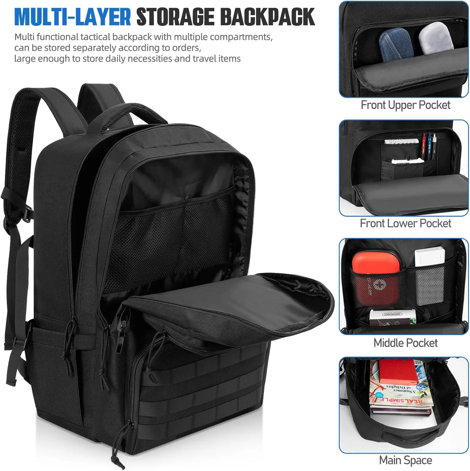 Tactical Backpack Water-resistant Military MOLLE Assault Backpack Bag for Hunting Camping Travel,13" Lx 12" W x 20" H Black