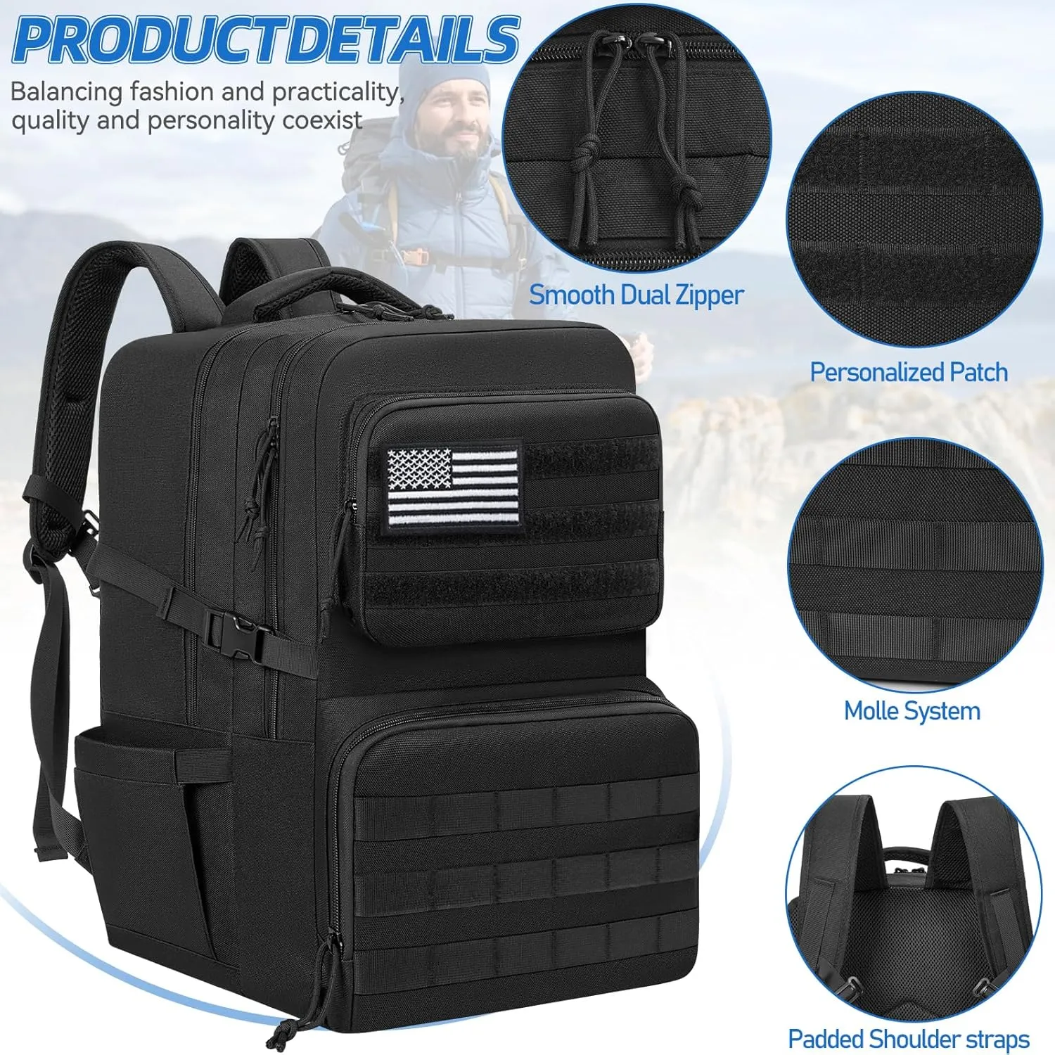 Tactical Backpack Water-resistant Military MOLLE Assault Backpack Bag for Hunting Camping Travel,13" Lx 12" W x 20" H Black