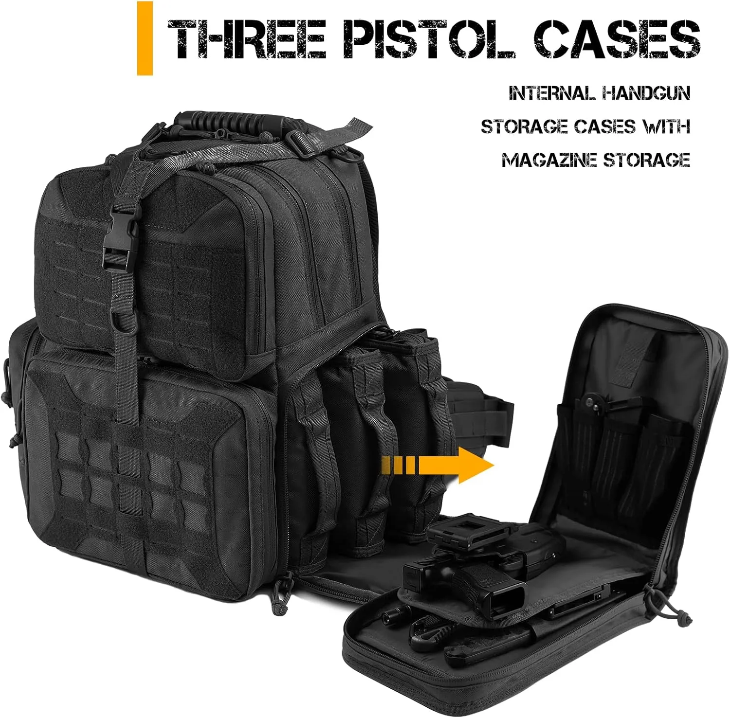 Tactical Range Backpack, Gun Bag for Handguns and Ammo, 3 Pistol Carrying Cases for Hunting Shooting