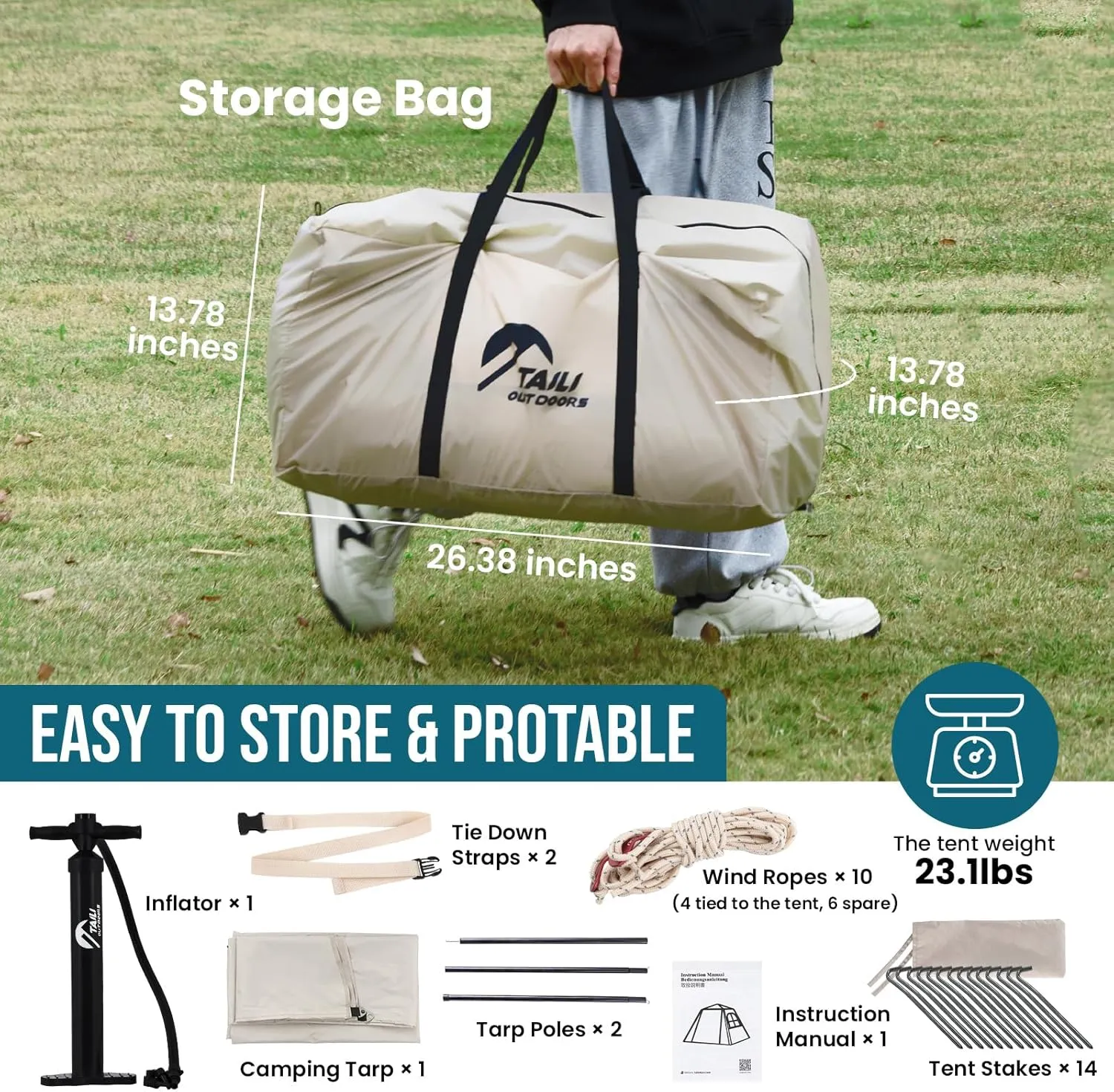 TAILI Inflatable Blow Up Tent for Camping with Hand Pump for 2/4/6/8 Person, Easy Setup Outdoor Inflatable Oxford Waterproof Air Tent House for Family Camping Adult
