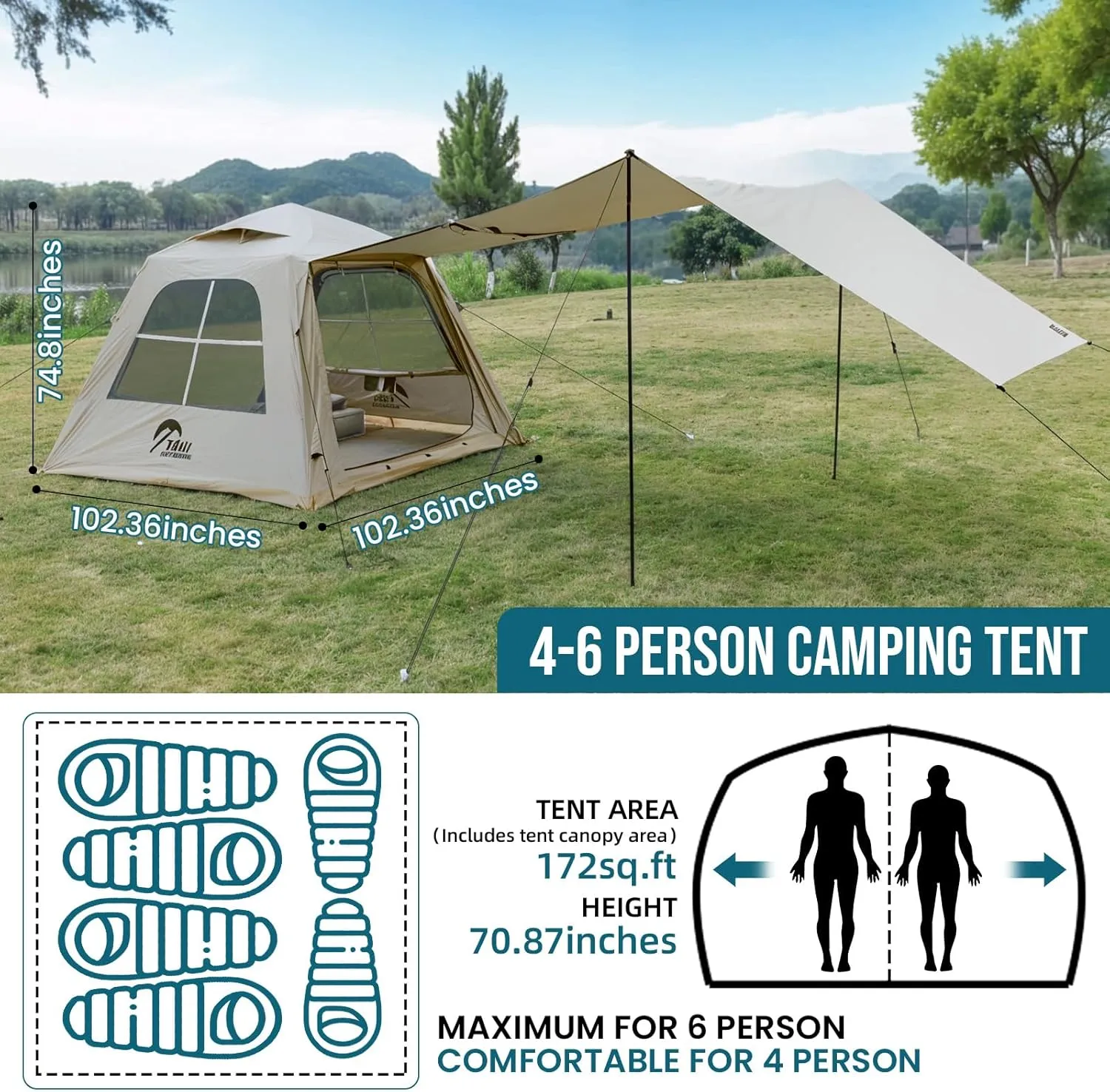 TAILI Inflatable Blow Up Tent for Camping with Hand Pump for 2/4/6/8 Person, Easy Setup Outdoor Inflatable Oxford Waterproof Air Tent House for Family Camping Adult