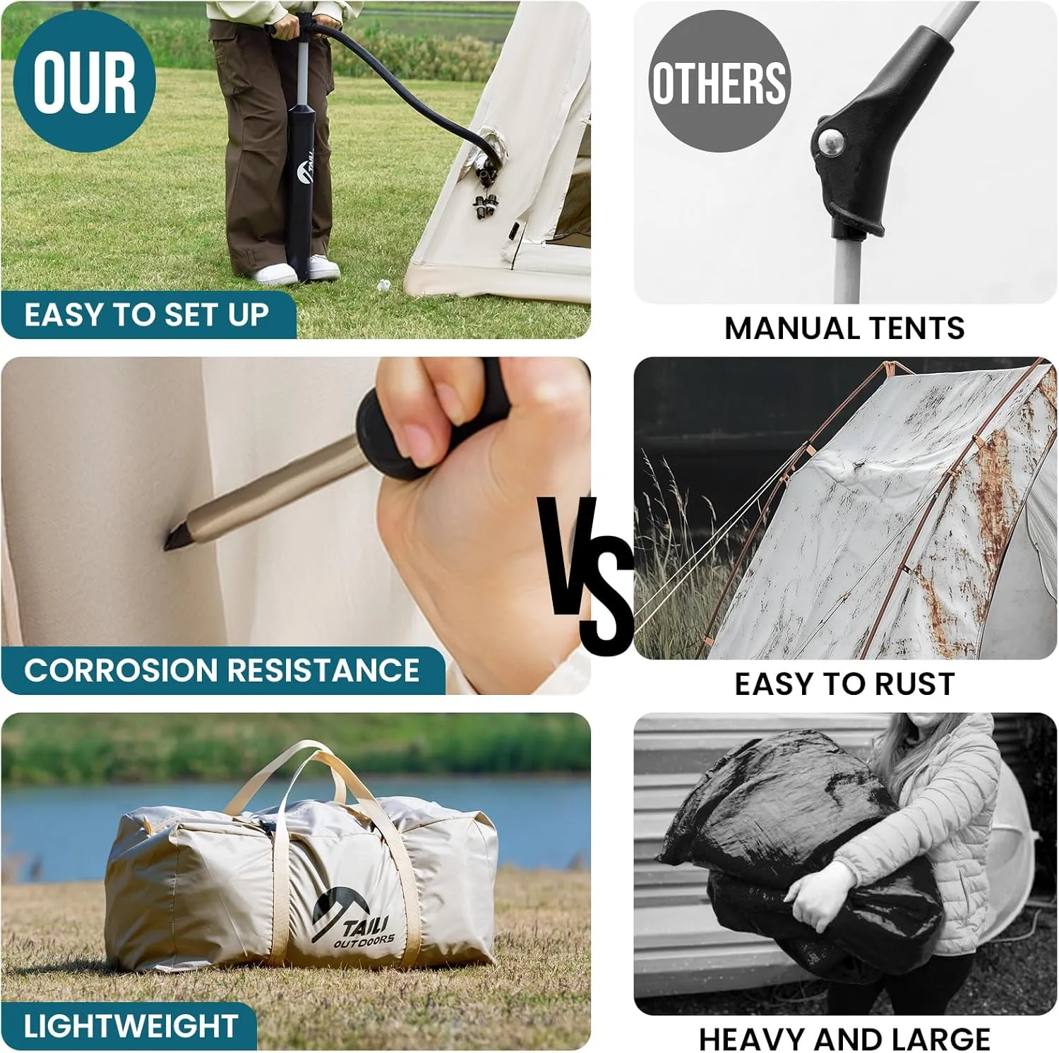 TAILI Inflatable Blow Up Tent for Camping with Hand Pump for 2/4/6/8 Person, Easy Setup Outdoor Inflatable Oxford Waterproof Air Tent House for Family Camping Adult