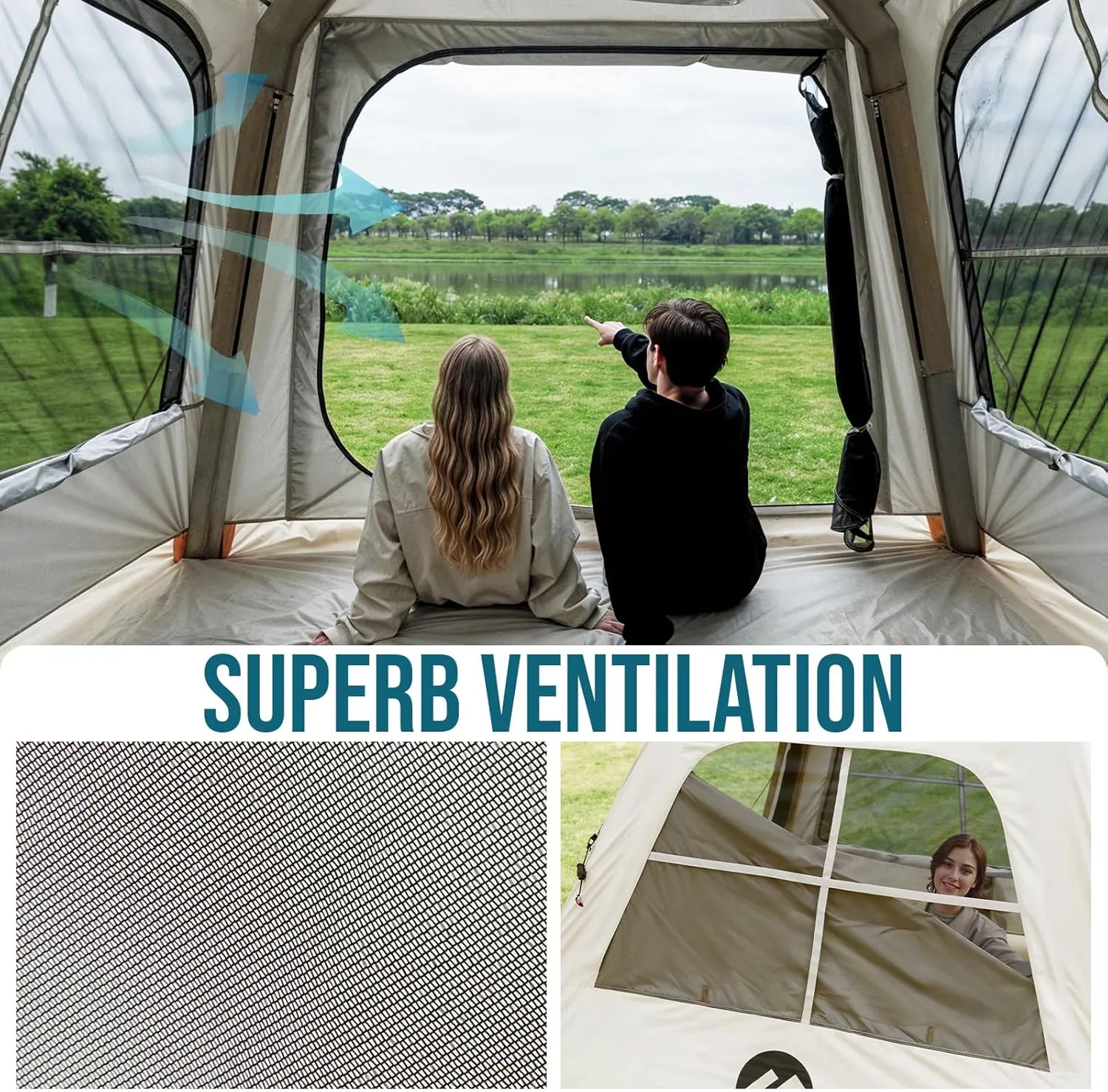 TAILI Inflatable Blow Up Tent for Camping with Hand Pump for 2/4/6/8 Person, Easy Setup Outdoor Inflatable Oxford Waterproof Air Tent House for Family Camping Adult