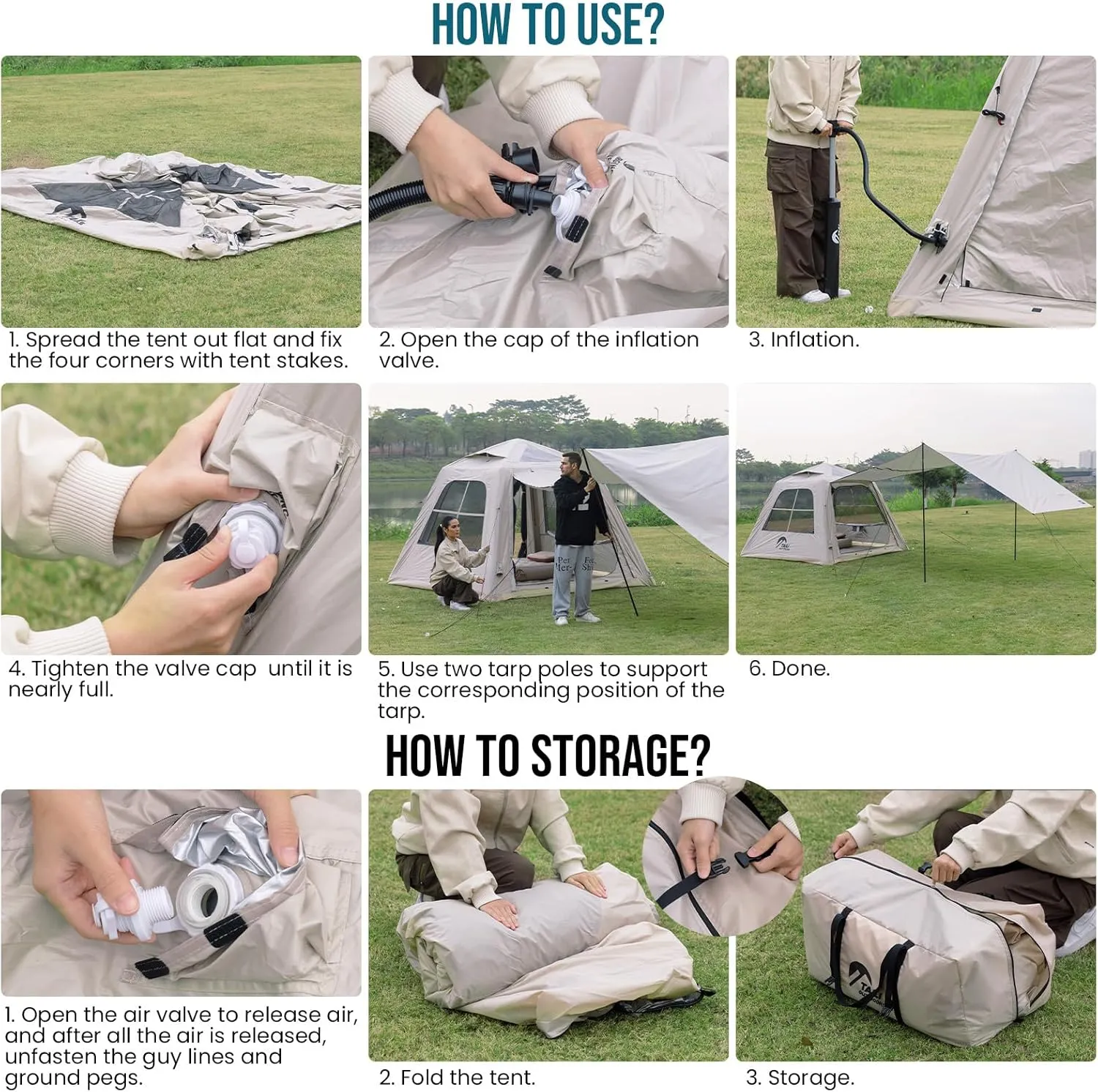 TAILI Inflatable Blow Up Tent for Camping with Hand Pump for 2/4/6/8 Person, Easy Setup Outdoor Inflatable Oxford Waterproof Air Tent House for Family Camping Adult