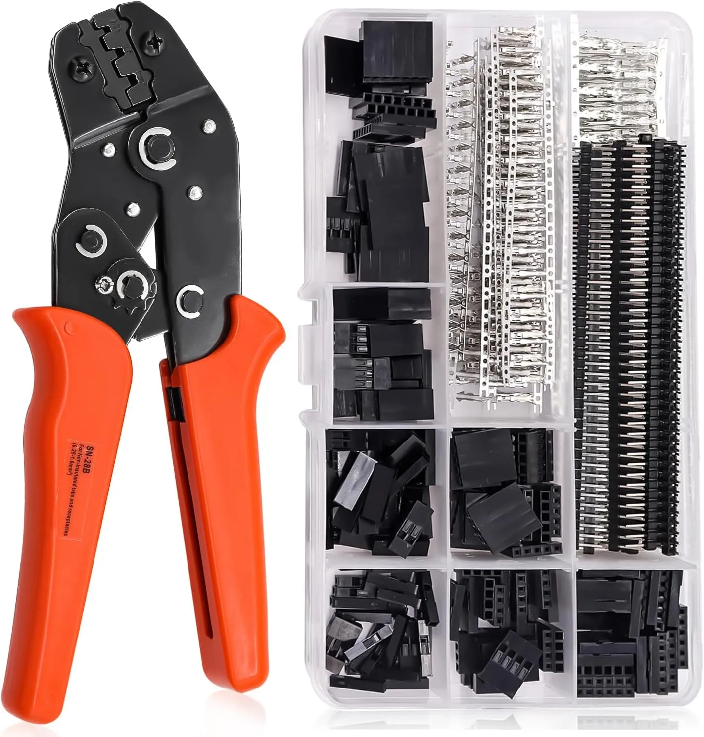 Taiss Dupont Crimping Tool Kit with 600PCS 2.54mm Dupont Connector Kit SN-28B Ratcheting Wire Crimper Plier,1/2/3/4/5/6/7 Pin Housing Dupont Connector Male Female Pin Header Crimp Terminal AWG28-18