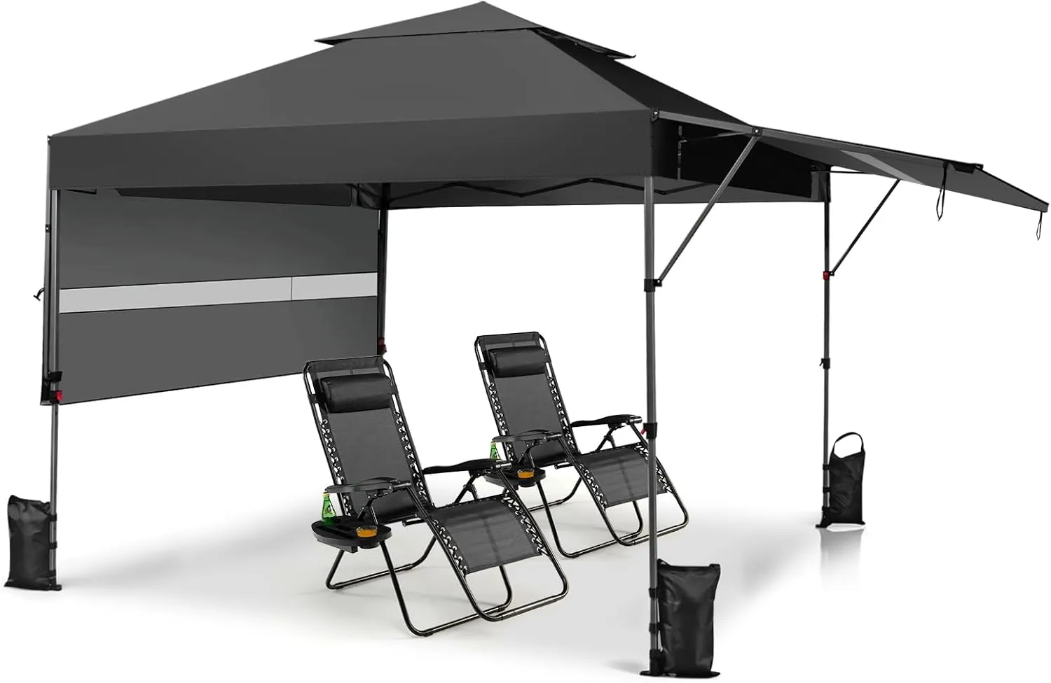 Tangkula 10x17.6 Ft Pop Up Canopy with Adjustable Dual Awnings, 2 Tier Outdoor Canopy Tent with 8 Stakes, 4 Ropes, 4 Sand Bags, Wheeled Bag, Easy Setup Instant Tent for Patio, Market, Picnic (Black)