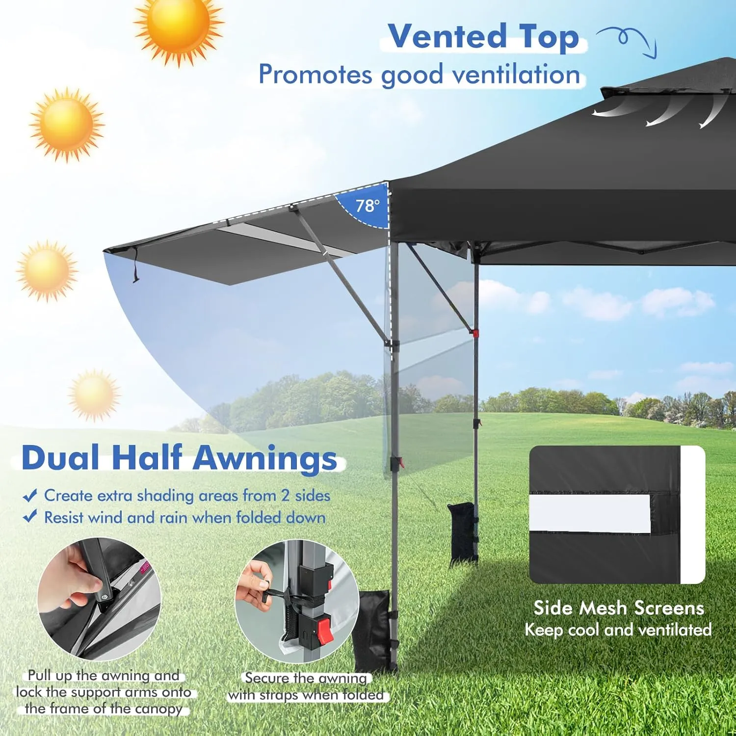 Tangkula 10x17.6 Ft Pop Up Canopy with Adjustable Dual Awnings, 2 Tier Outdoor Canopy Tent with 8 Stakes, 4 Ropes, 4 Sand Bags, Wheeled Bag, Easy Setup Instant Tent for Patio, Market, Picnic (Black)