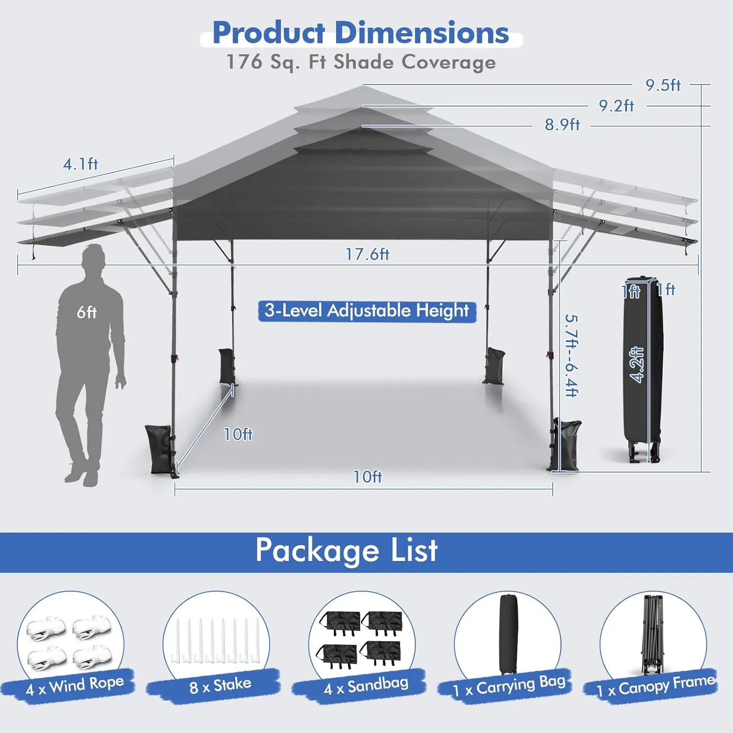 Tangkula 10x17.6 Ft Pop Up Canopy with Adjustable Dual Awnings, 2 Tier Outdoor Canopy Tent with 8 Stakes, 4 Ropes, 4 Sand Bags, Wheeled Bag, Easy Setup Instant Tent for Patio, Market, Picnic (Black)