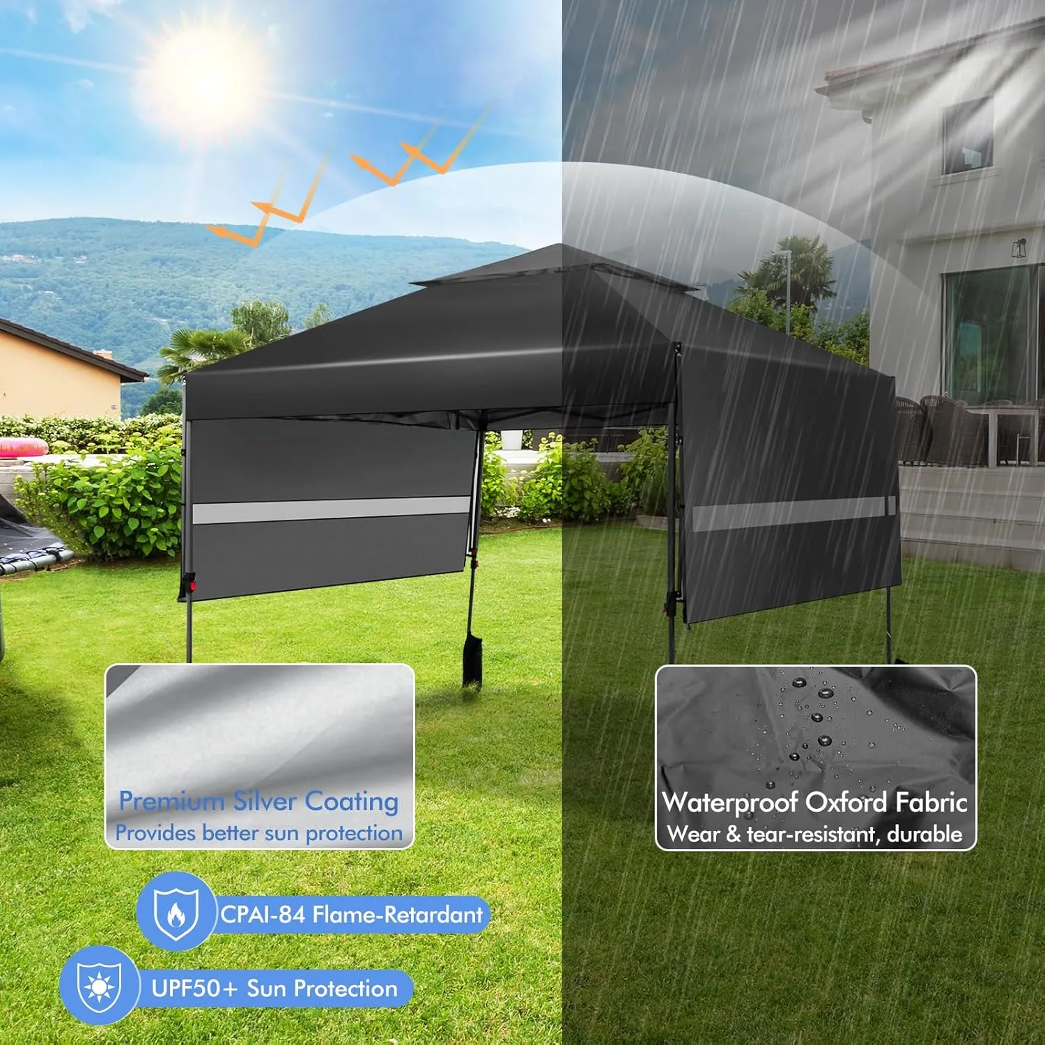 Tangkula 10x17.6 Ft Pop Up Canopy with Adjustable Dual Awnings, 2 Tier Outdoor Canopy Tent with 8 Stakes, 4 Ropes, 4 Sand Bags, Wheeled Bag, Easy Setup Instant Tent for Patio, Market, Picnic (Black)