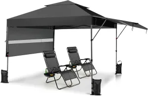 Tangkula 10x17.6 Ft Pop Up Canopy with Adjustable Dual Awnings, 2 Tier Outdoor Canopy Tent with 8 Stakes, 4 Ropes, 4 Sand Bags, Wheeled Bag, Easy Setup Instant Tent for Patio, Market, Picnic (Black)