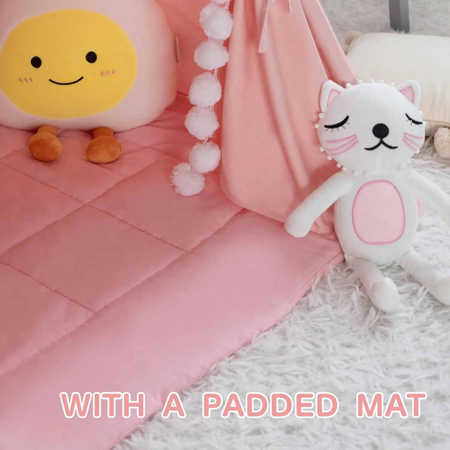 Teepee Tent for Kids With Padded Mat, Cotton Canvas, Pompom, Stars Lights, Carry Bag, Banner Flag - Indoor Play Tent for Toddlers, Girls, Boys (Pink)