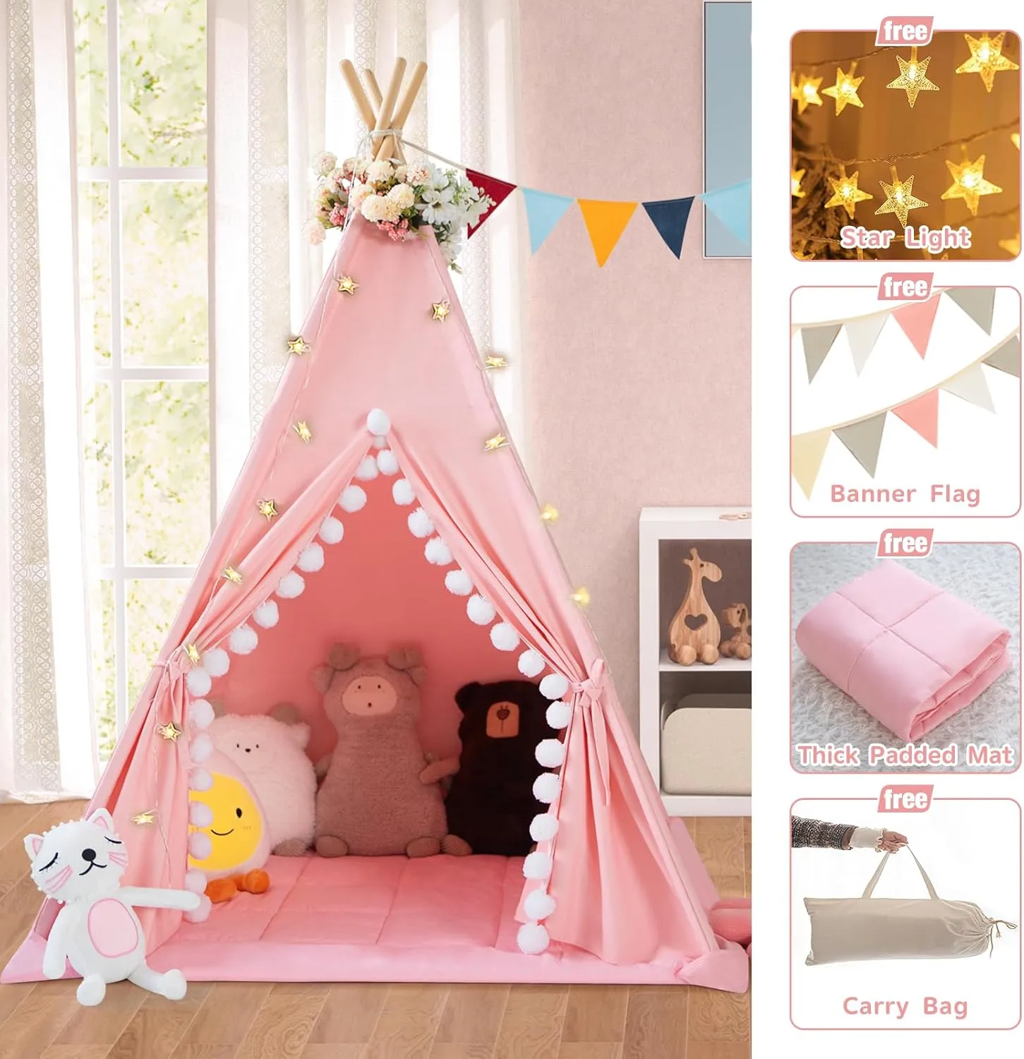 Teepee Tent for Kids With Padded Mat, Cotton Canvas, Pompom, Stars Lights, Carry Bag, Banner Flag - Indoor Play Tent for Toddlers, Girls, Boys (Pink)