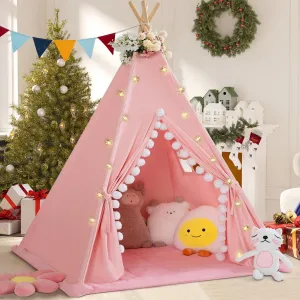 Teepee Tent for Kids With Padded Mat, Cotton Canvas, Pompom, Stars Lights, Carry Bag, Banner Flag - Indoor Play Tent for Toddlers, Girls, Boys (Pink)