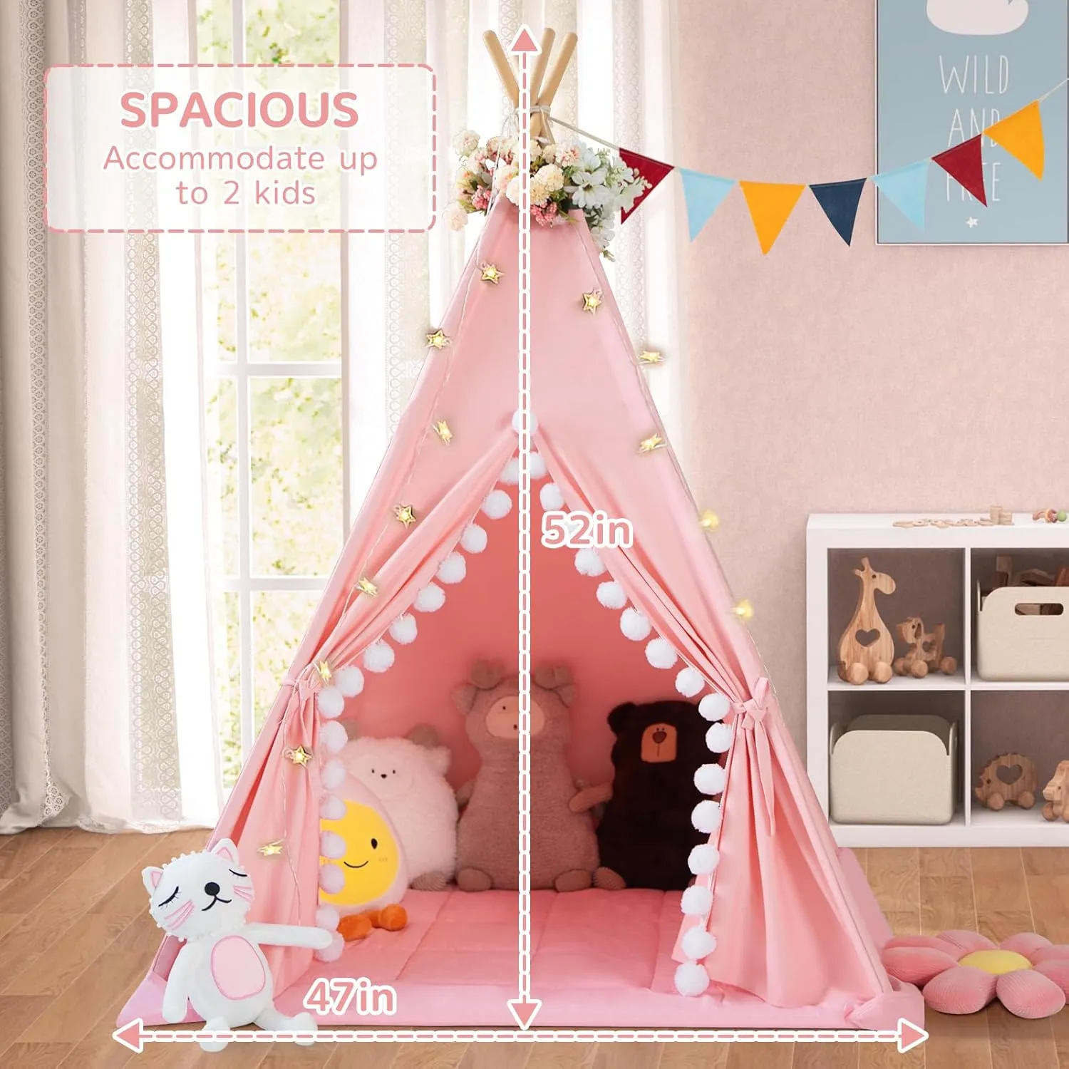 Teepee Tent for Kids With Padded Mat, Cotton Canvas, Pompom, Stars Lights, Carry Bag, Banner Flag - Indoor Play Tent for Toddlers, Girls, Boys (Pink)