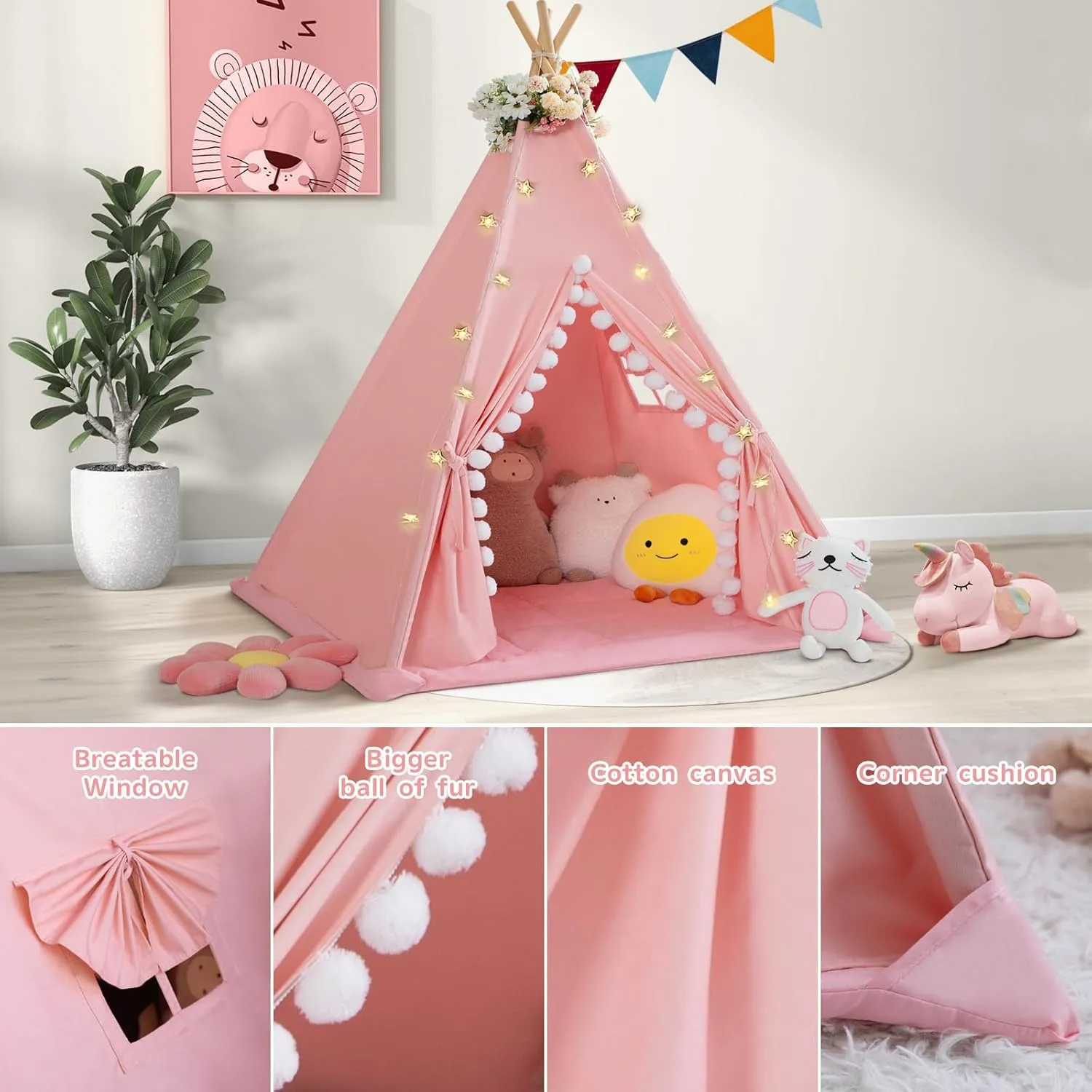 Teepee Tent for Kids With Padded Mat, Cotton Canvas, Pompom, Stars Lights, Carry Bag, Banner Flag - Indoor Play Tent for Toddlers, Girls, Boys (Pink)