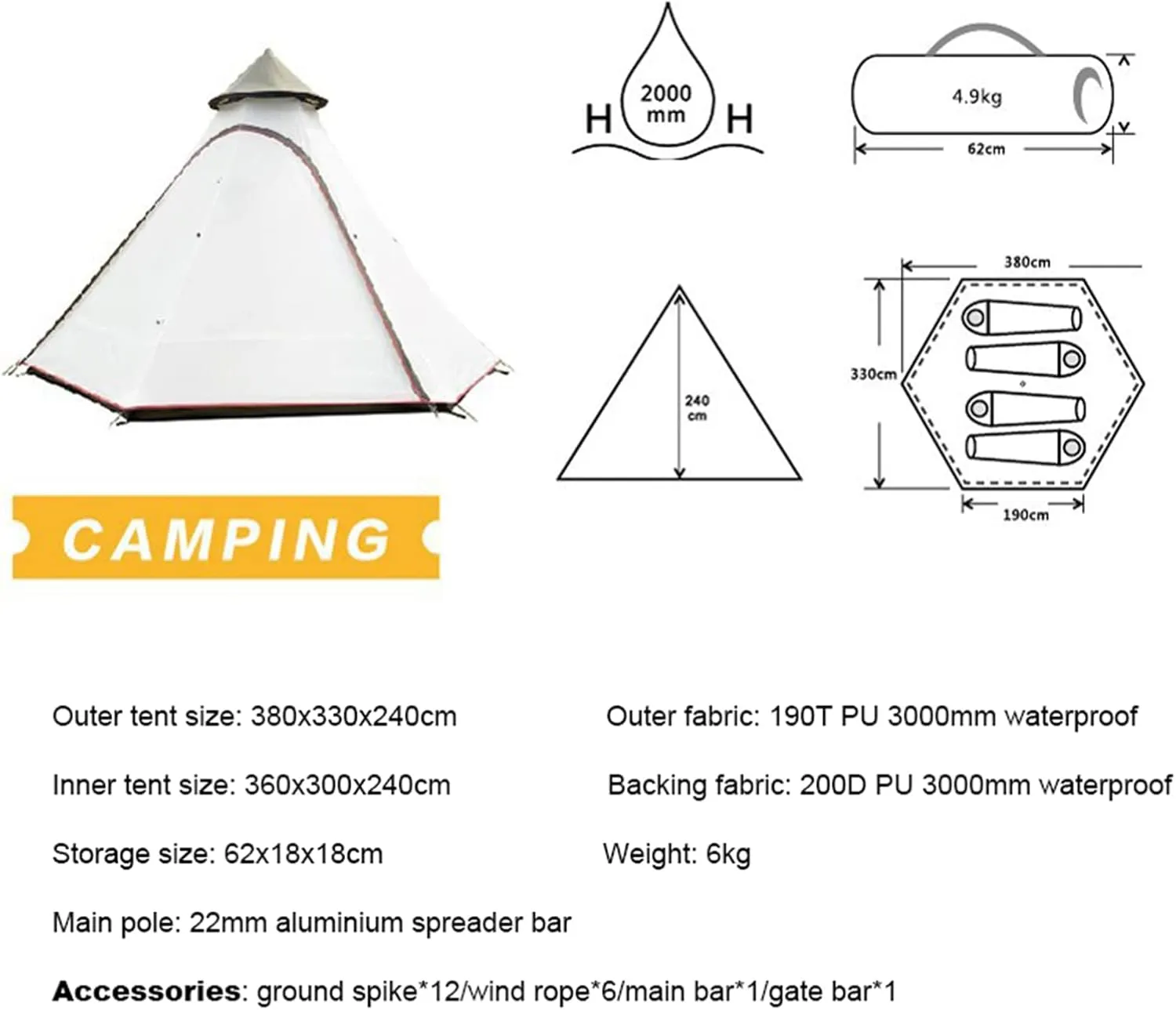 Teepee Waterproof Double Layers Outdoor Tent Thickened Camping Family Tent Pyramids Indian Tent with Fixed Groundsheet Suitable for Wild Camping and Hunting