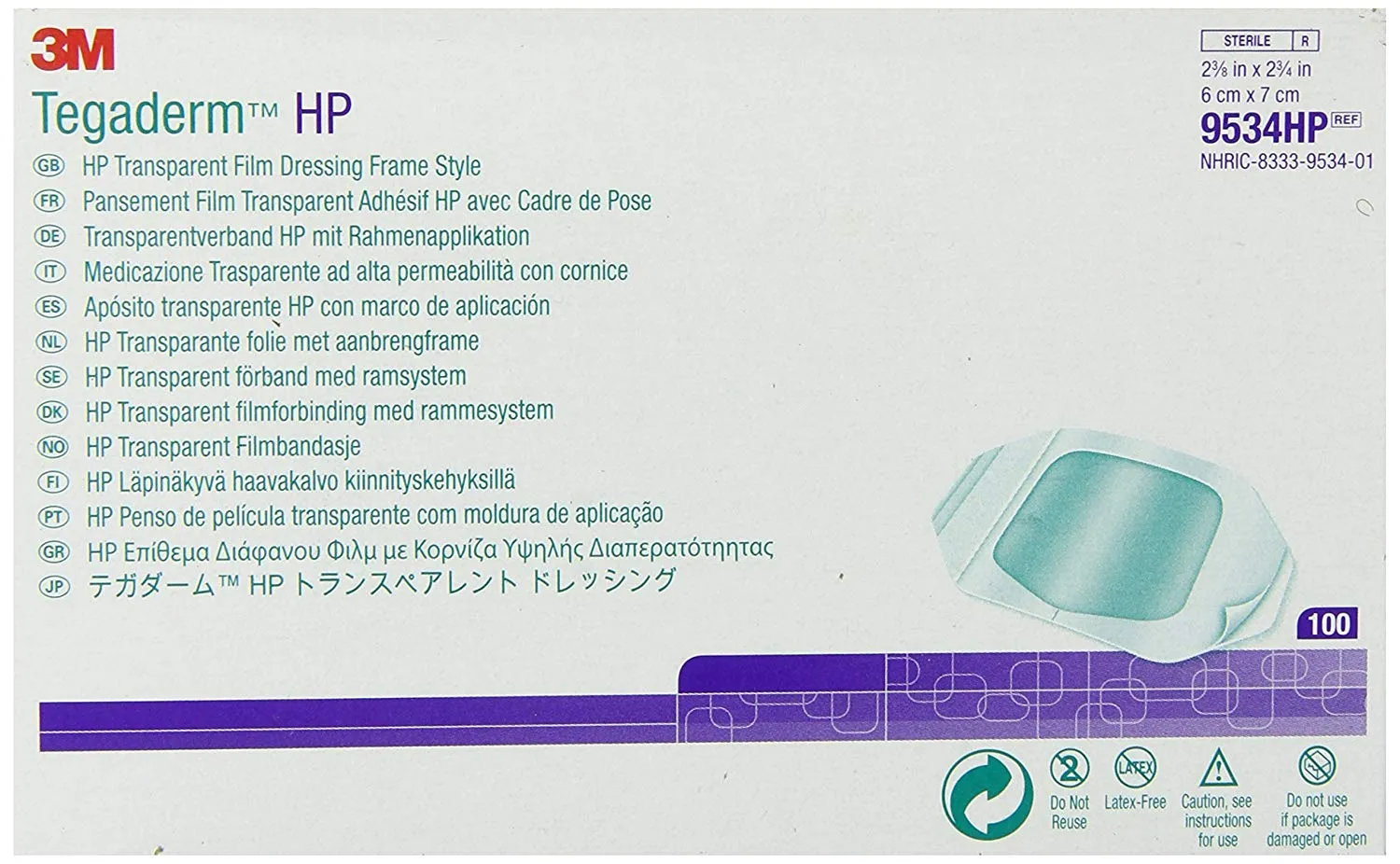 Tegaderm 9534HP Transparent Film Dressing HP Rectangle 2-3/8 X 2-3/4 Inch Frame Style Delivery With Label Sterile. Case of 400