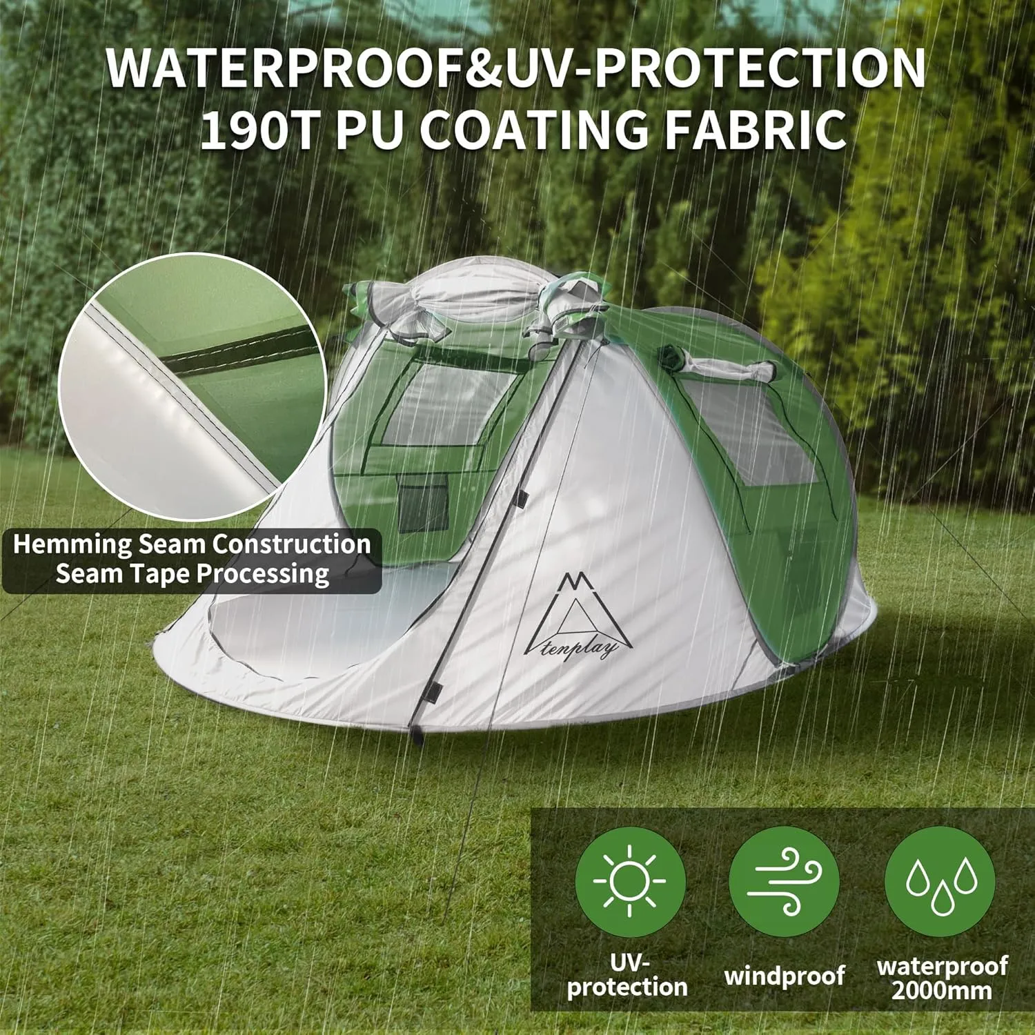 TENPLAY Pop Up Tent,2-4 People,190T Polyester,Waterproof2000mm,PU Coating,Automatic Setup,2Door,UV Protection,Lightweight,Portable Tent for Hiking,Picnic,Camping