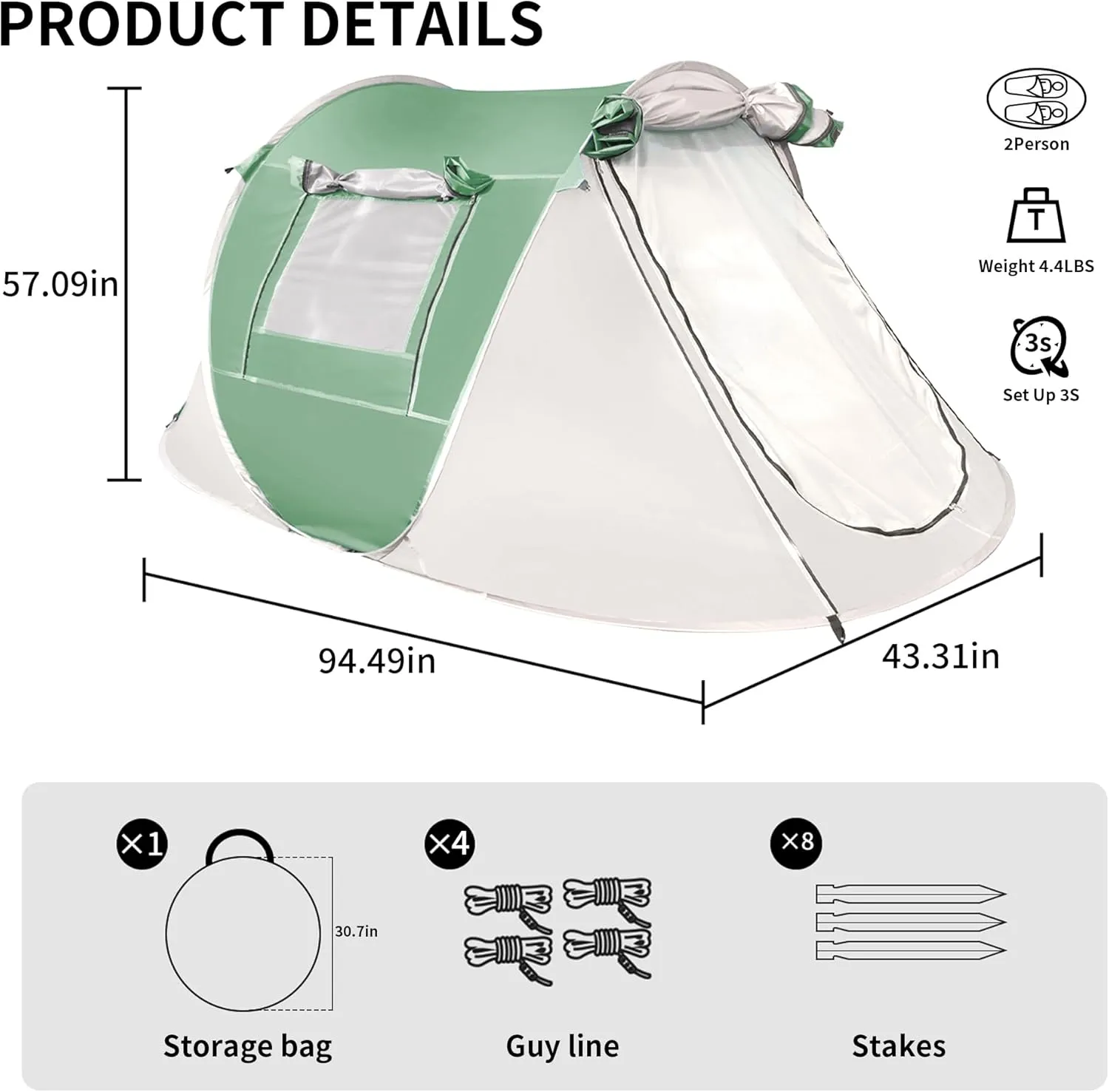 TENPLAY Pop Up Tent,2-4 People,190T Polyester,Waterproof2000mm,PU Coating,Automatic Setup,2Door,UV Protection,Lightweight,Portable Tent for Hiking,Picnic,Camping